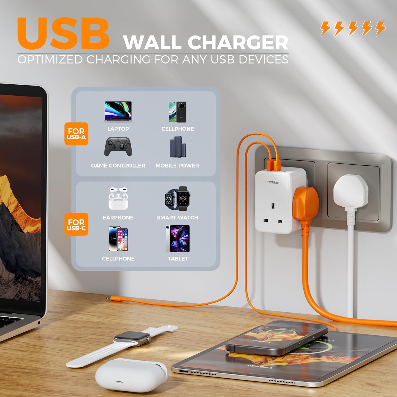 TESSAN Multi USB Charger UK Plug Adaptor