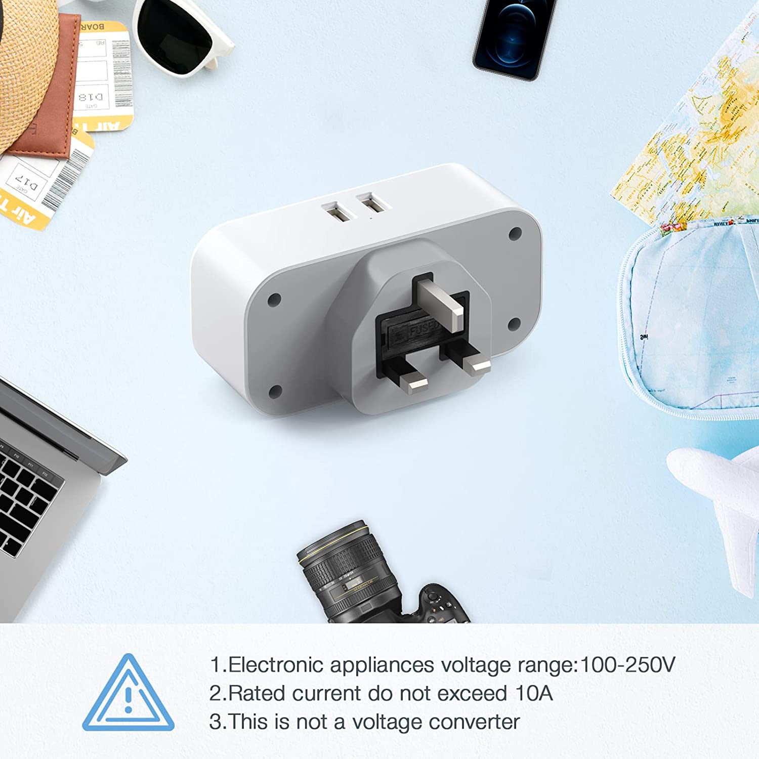 EU to UK Plug Adapter with 2 Outlets 2 USB Ports