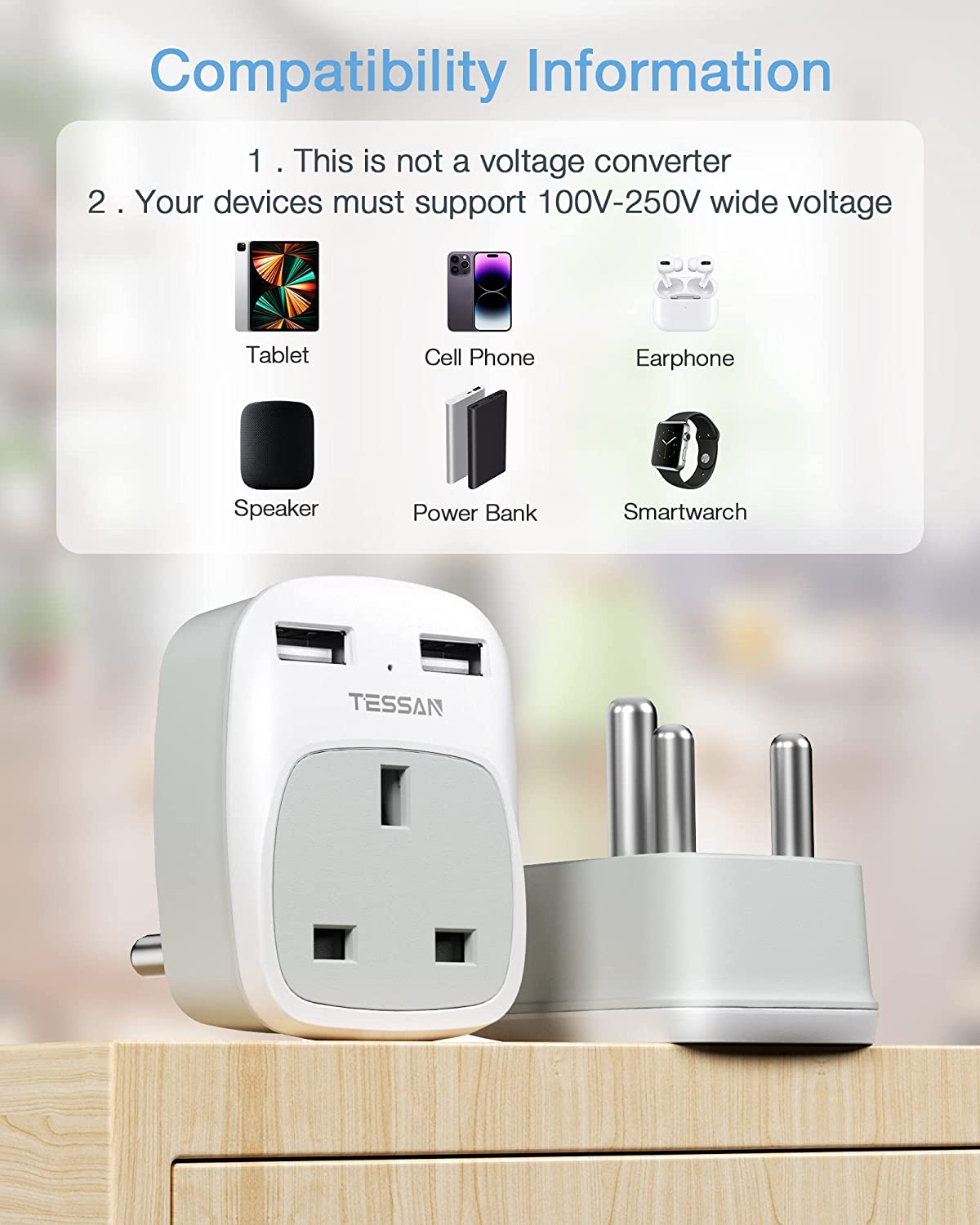 UK to South Africa Plug Adapter with 2 USB