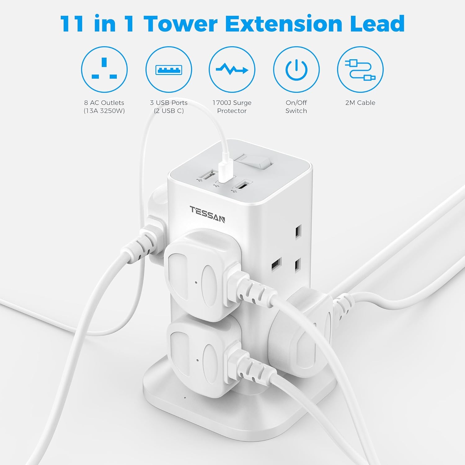 TESSAN 8 Way Tower Extension Lead with USB C Slots