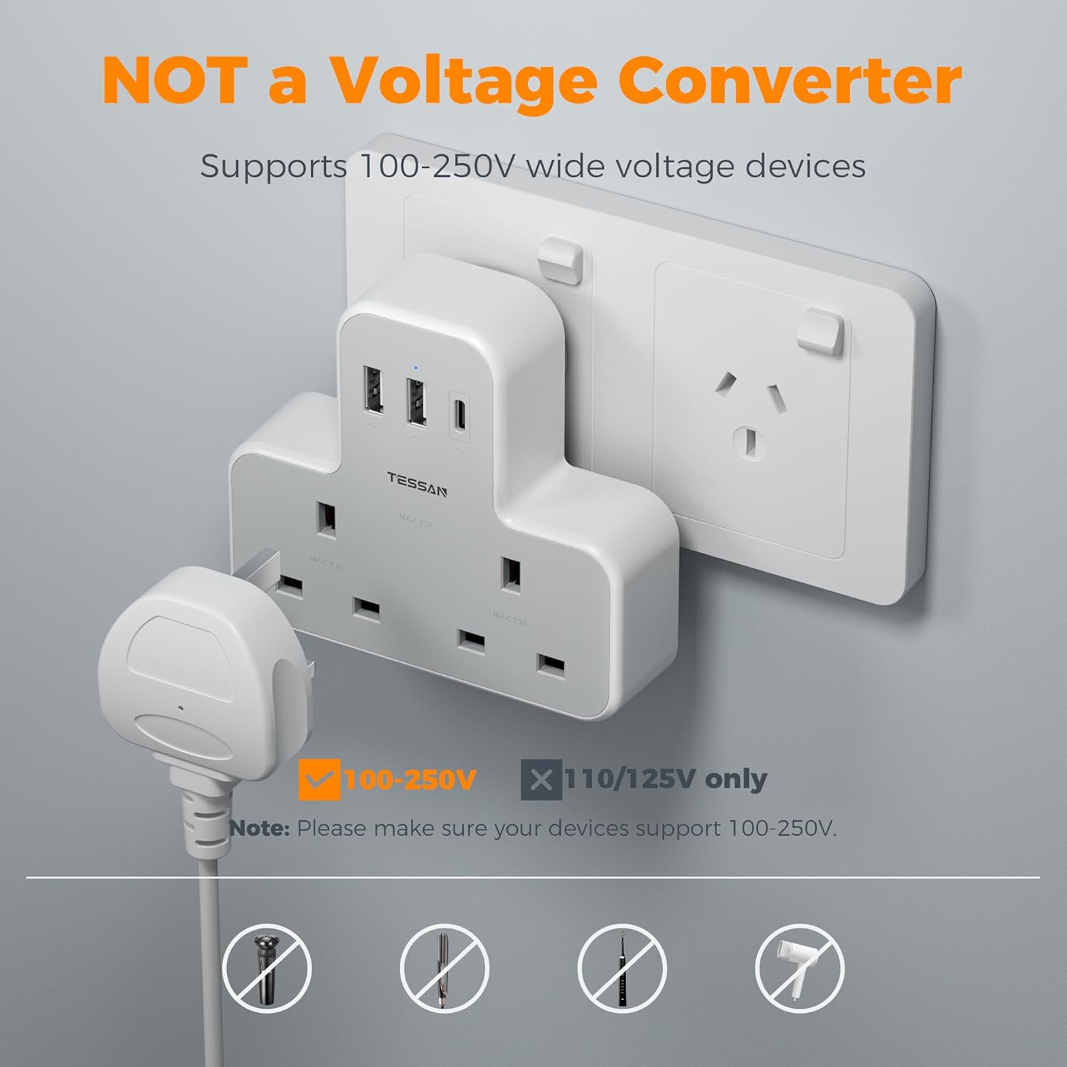TESSAN 5-in-1 UK to Australia Plug Adapter with USB C