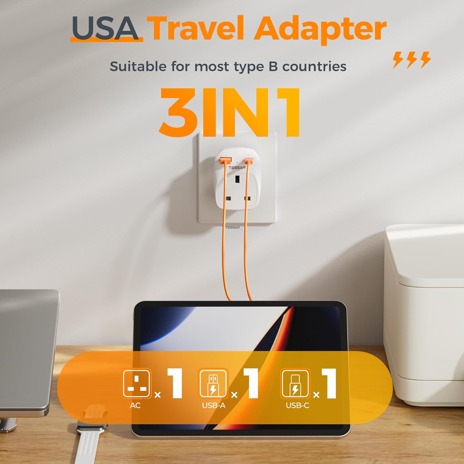 TESSAN 3-in-1 UK to US Adapter with USB