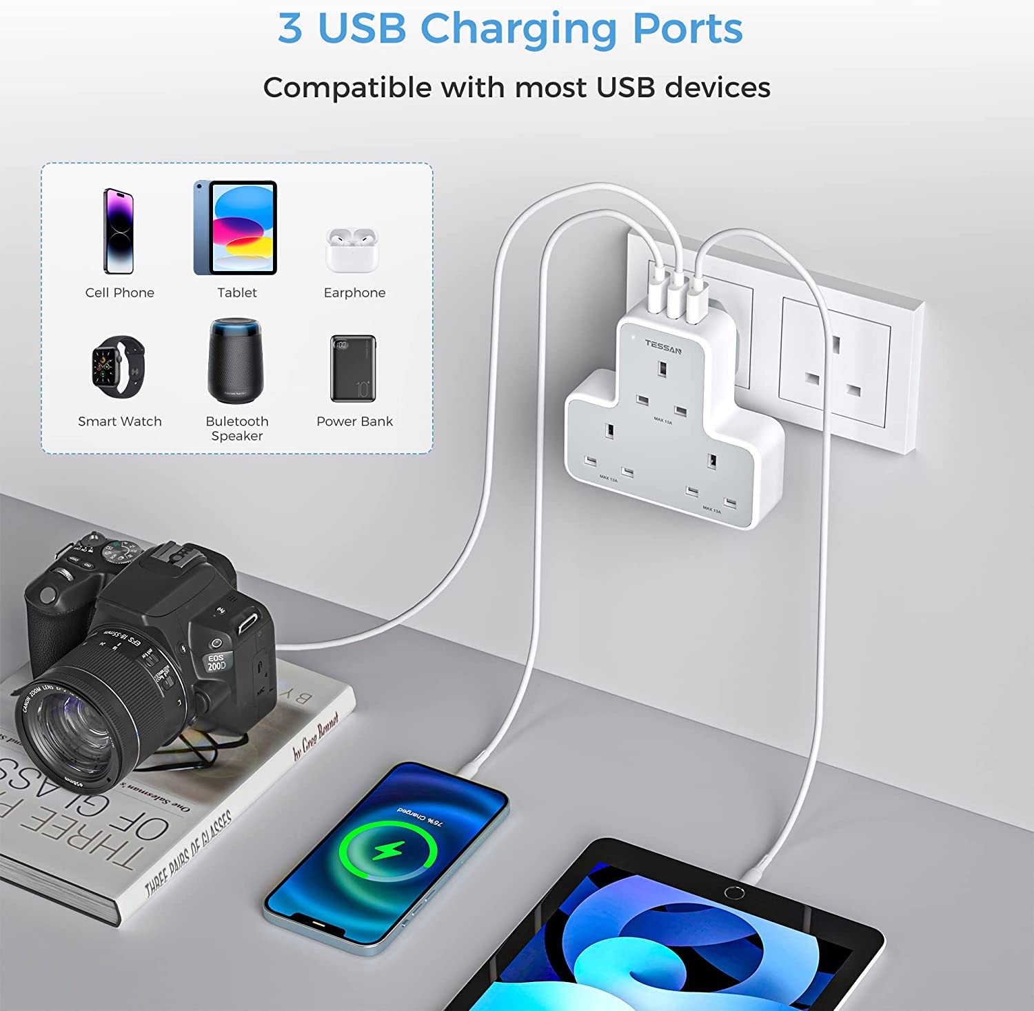 Extension Plug 3 Way Plug Extension Adapter Plug UK