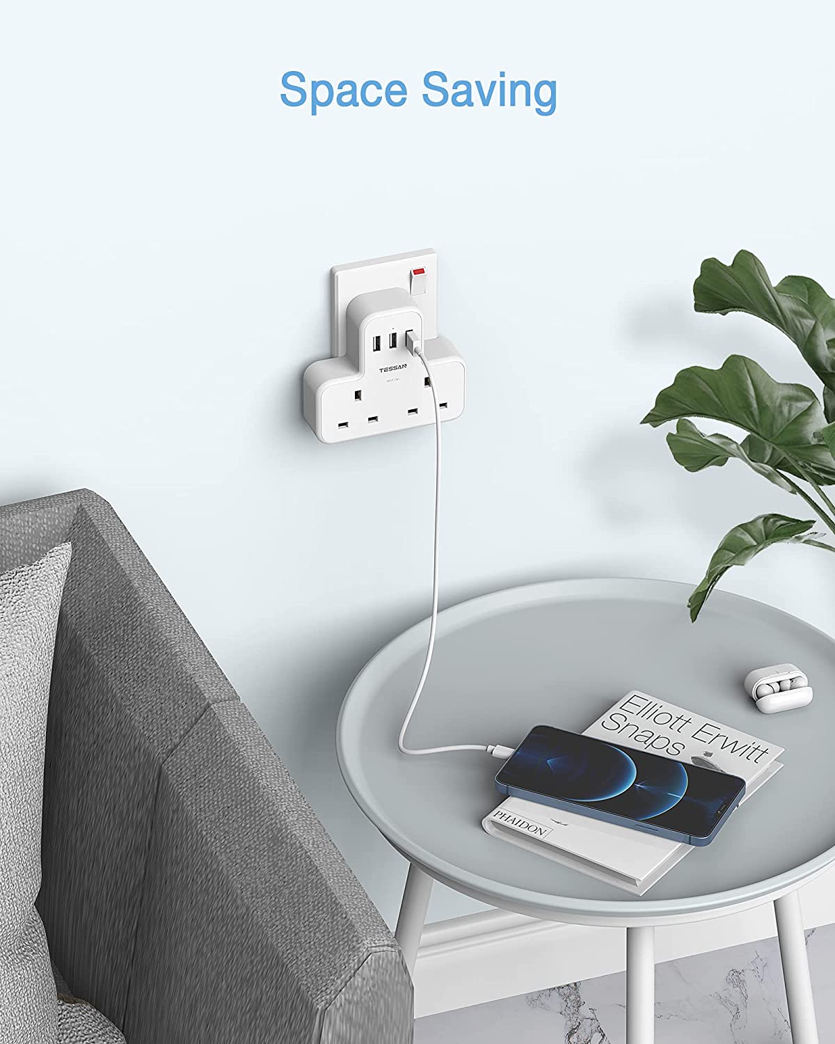 Multi Plug Extension 2 Way Plug Adapter 3 USB ports