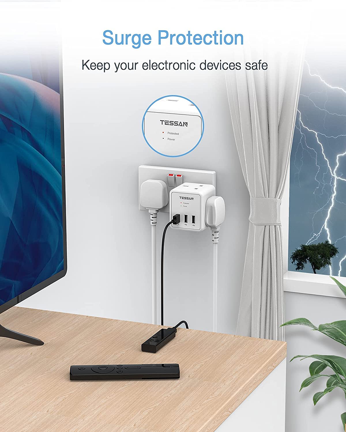 Surge Protected Plug Extension with 2 AC outlets 3 USB ports