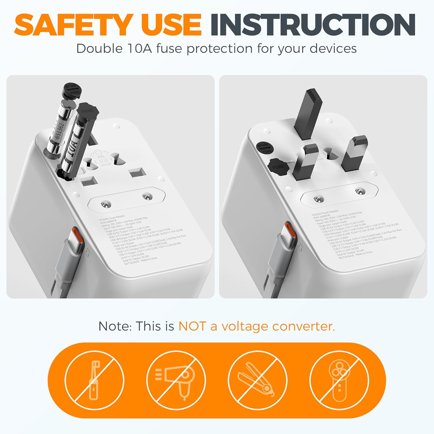TESSAN 35W Universal Travel Adapter with Built-in Cable