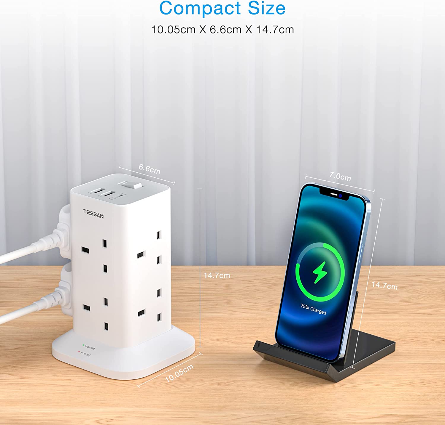 Power Strip Tower 8 Way Multi Plug Extension Sockets 2M Cord