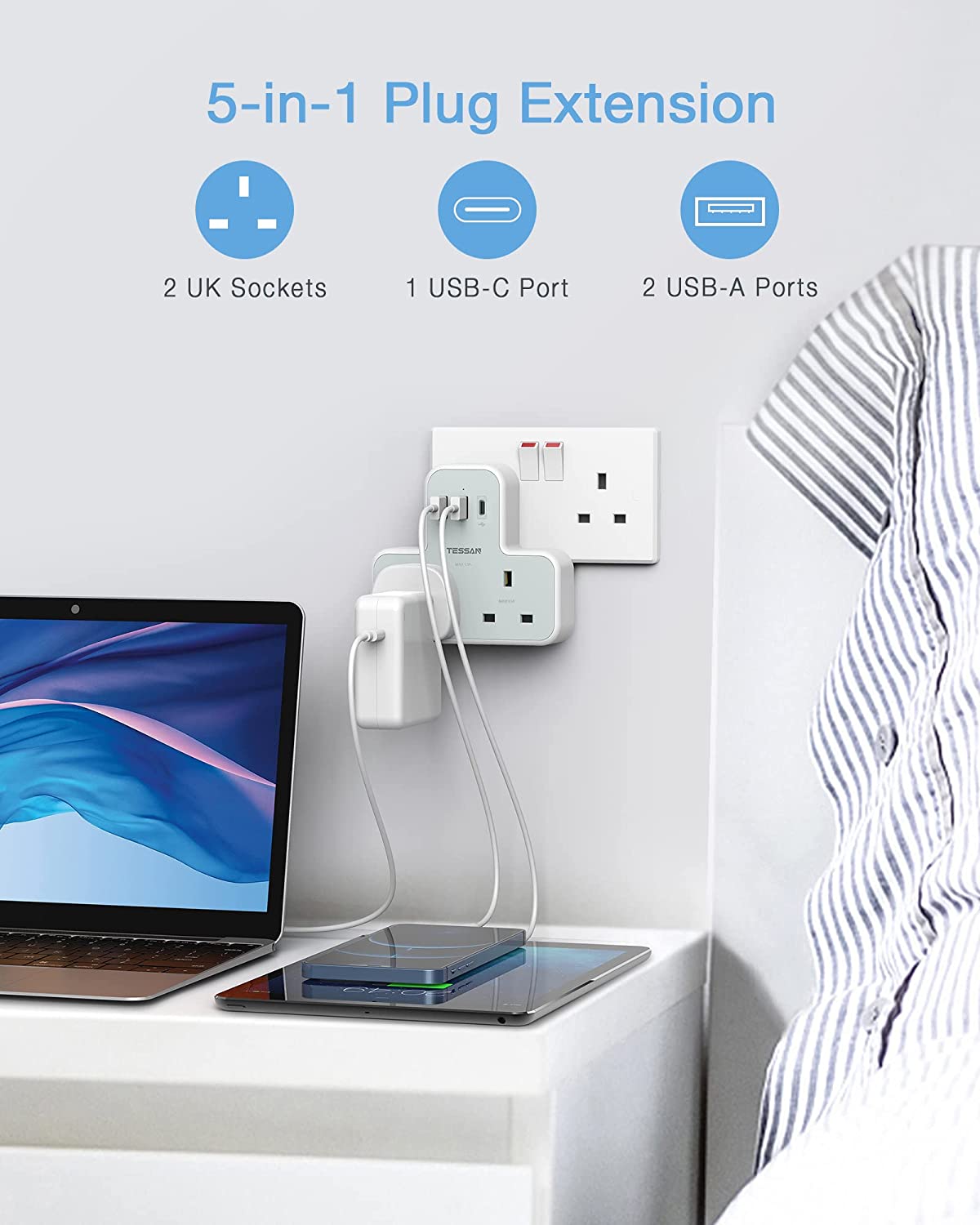 Multi Plug Extension 2 AC sockets 1 USB C plug 2 USB plug