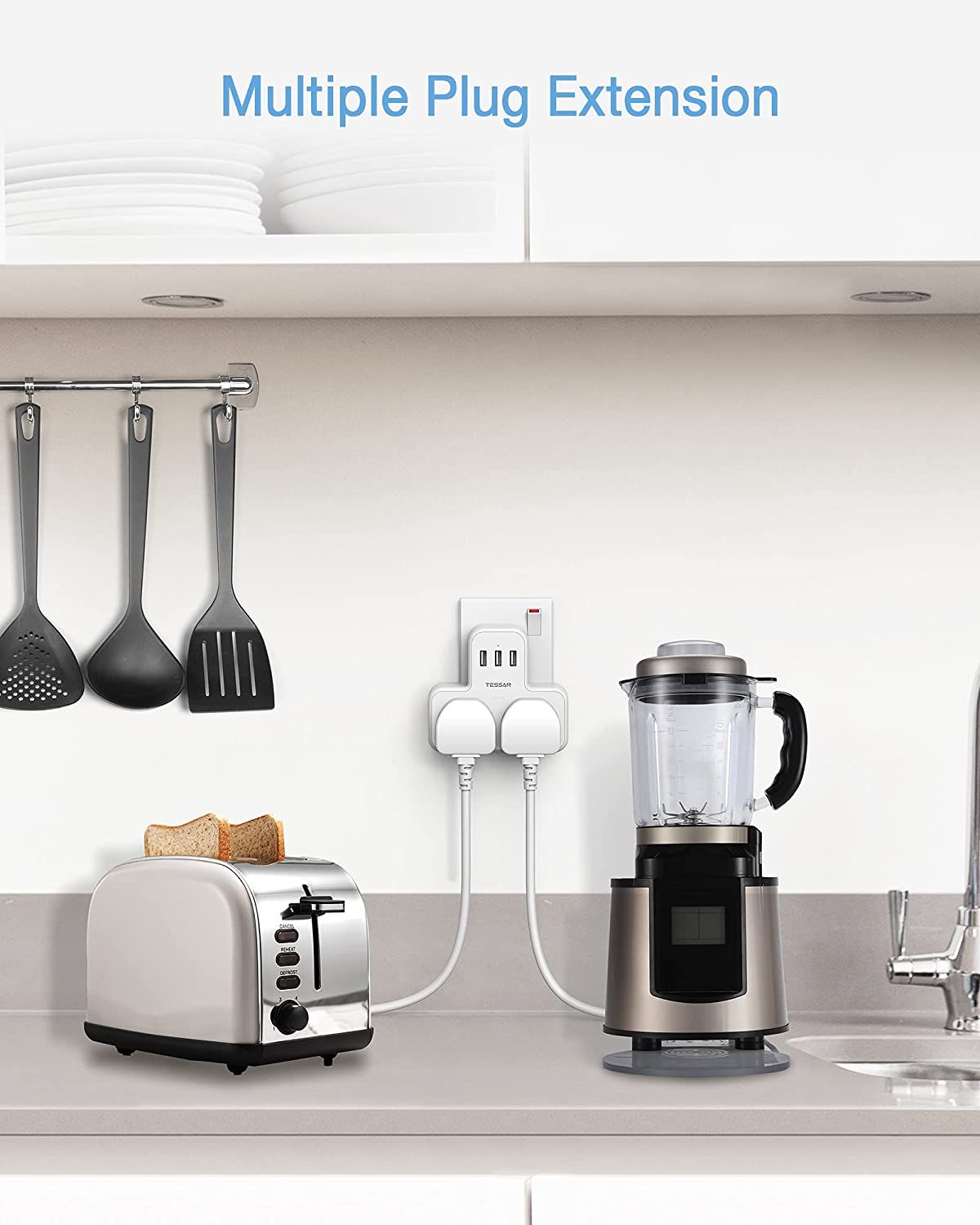 Multi Plug Extension 2 Way Plug Adapter 3 USB ports