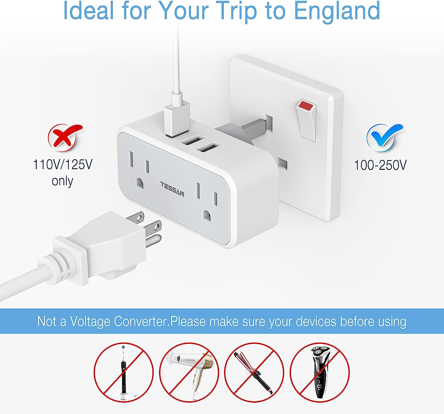 US to UK Plug Adapter 2 AC outlets 3 USB ports