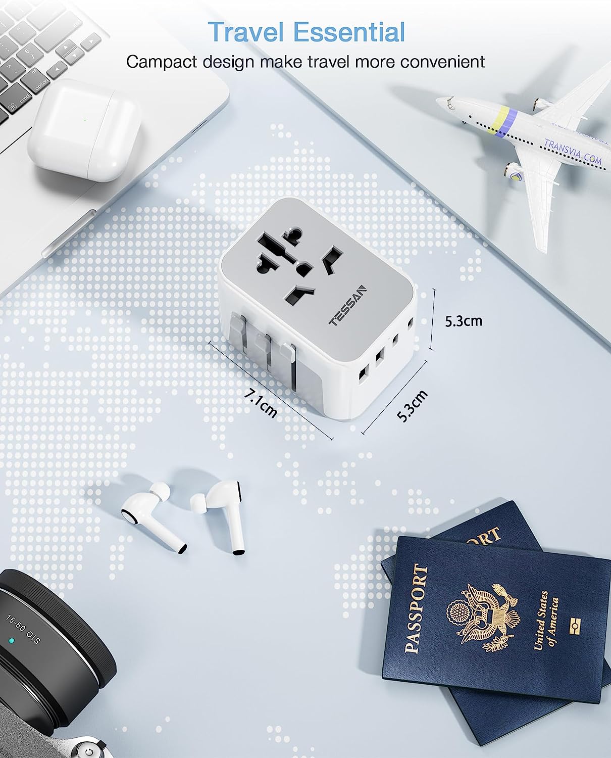 Universal Travel Adapter Worldwide with 2 USB C and 2 USB A Ports