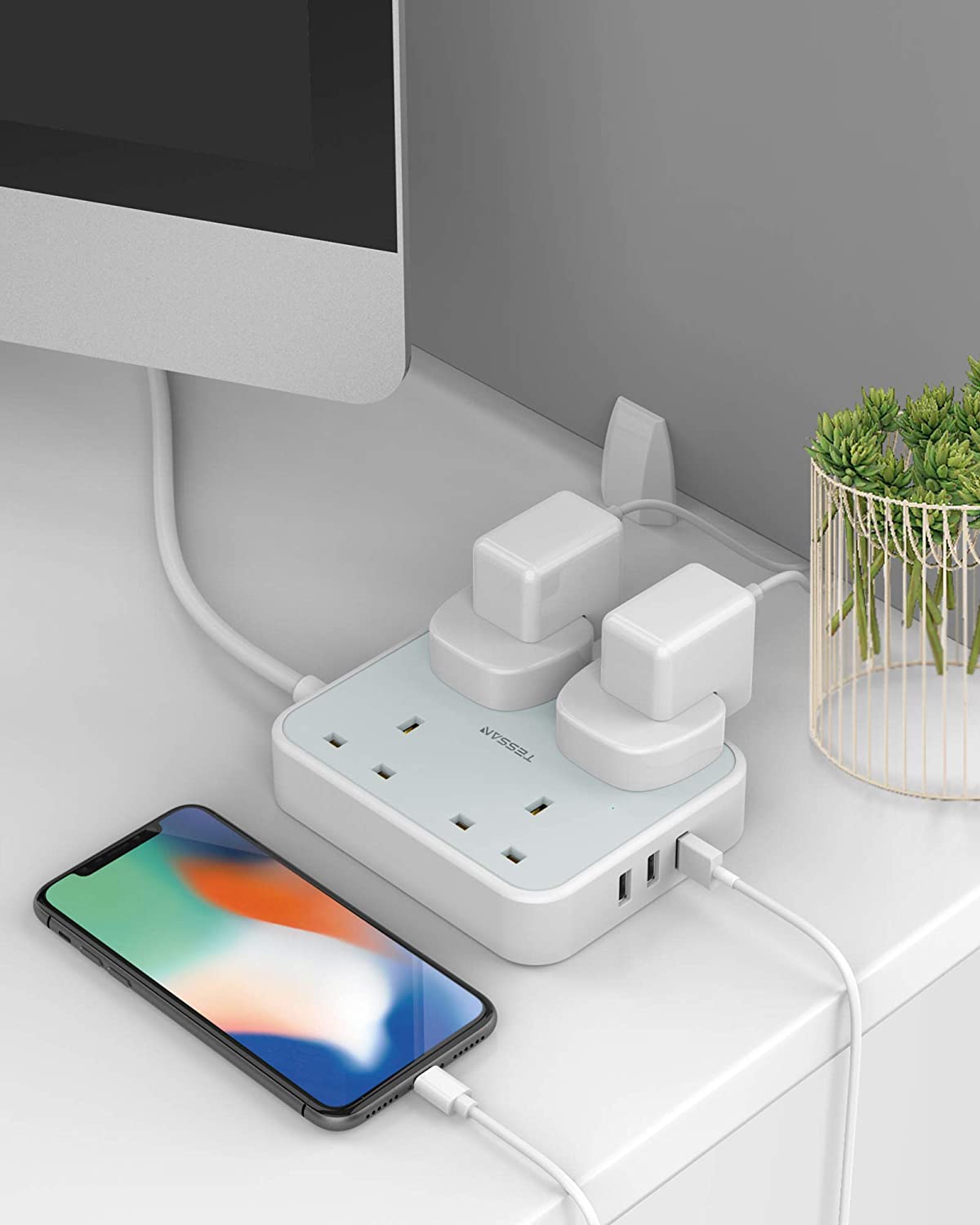Power Strip 13A 4 Way Multi Plug Extension Cable with 2M Cord