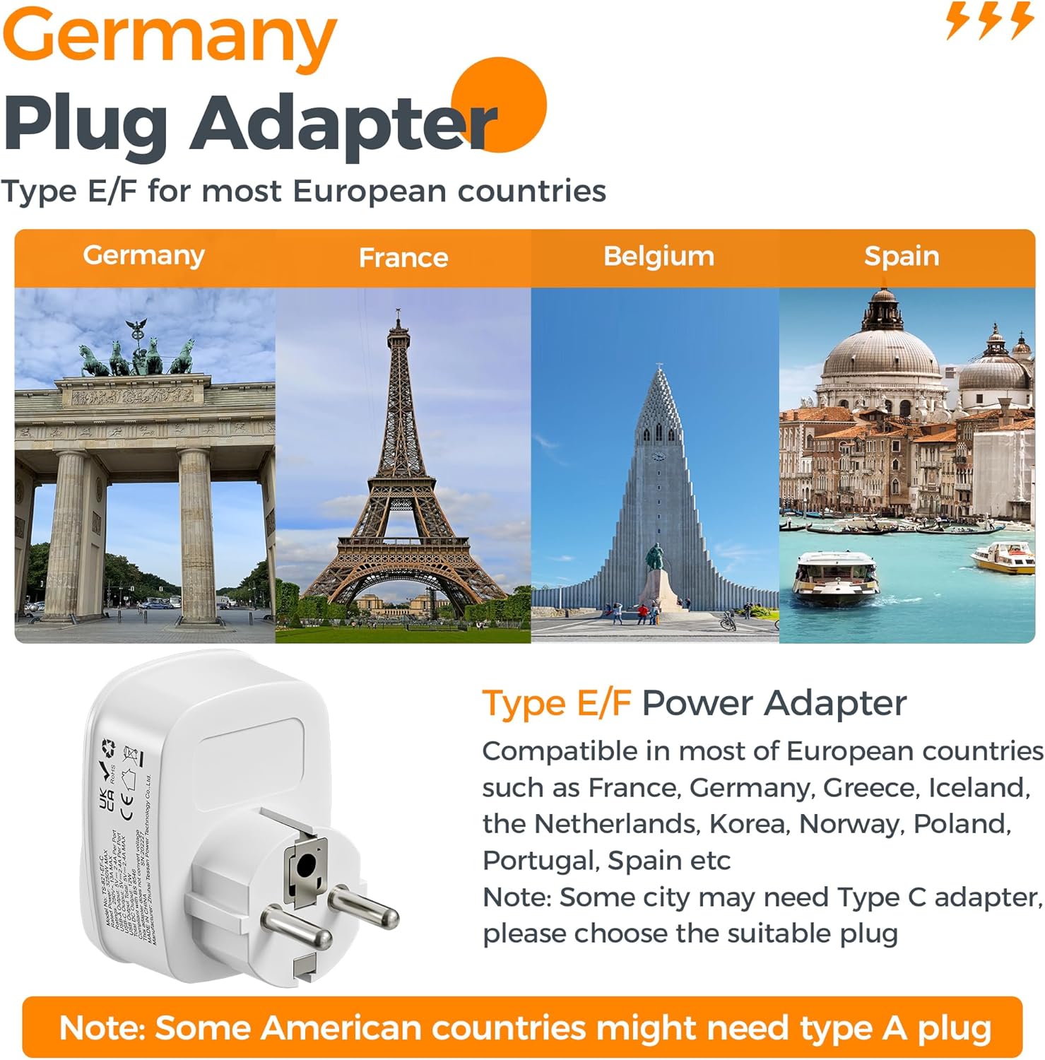 TESSAN 3-in-1 UK to Europe Adapter with USB-C