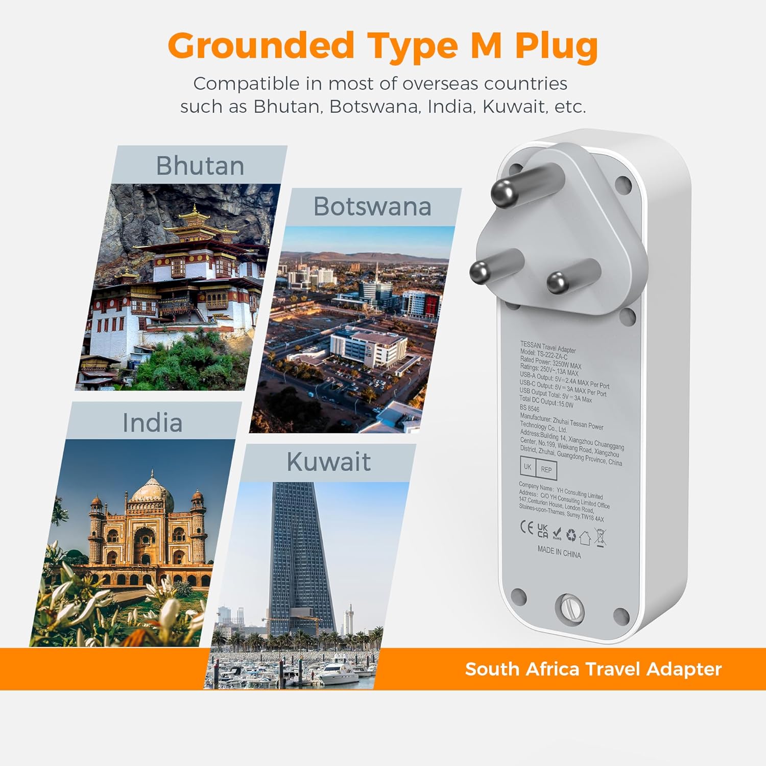 TESSAN 5-Port UK to South Africa Travel Adapter