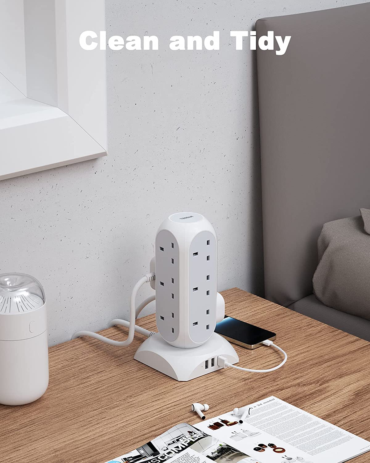 Tower Plug Extension12 Way Multi Plug Socket 3 USB Ports with 2M Cable