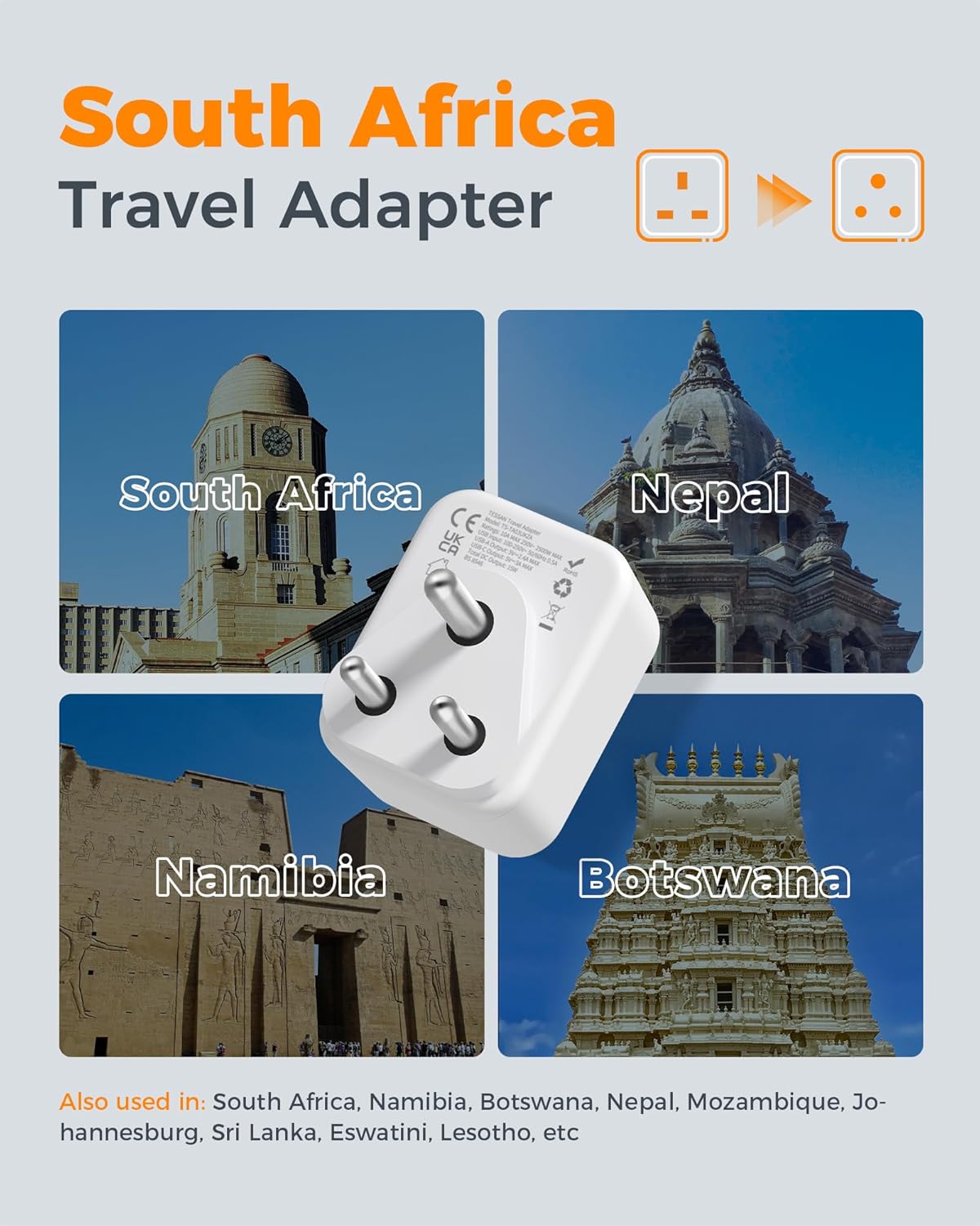 TESSAN 4-Port South Africa Adapter with USB C