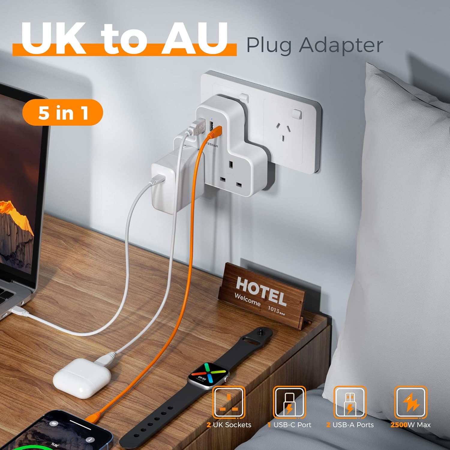TESSAN 5-in-1 UK to Australia Plug Adapter with USB C