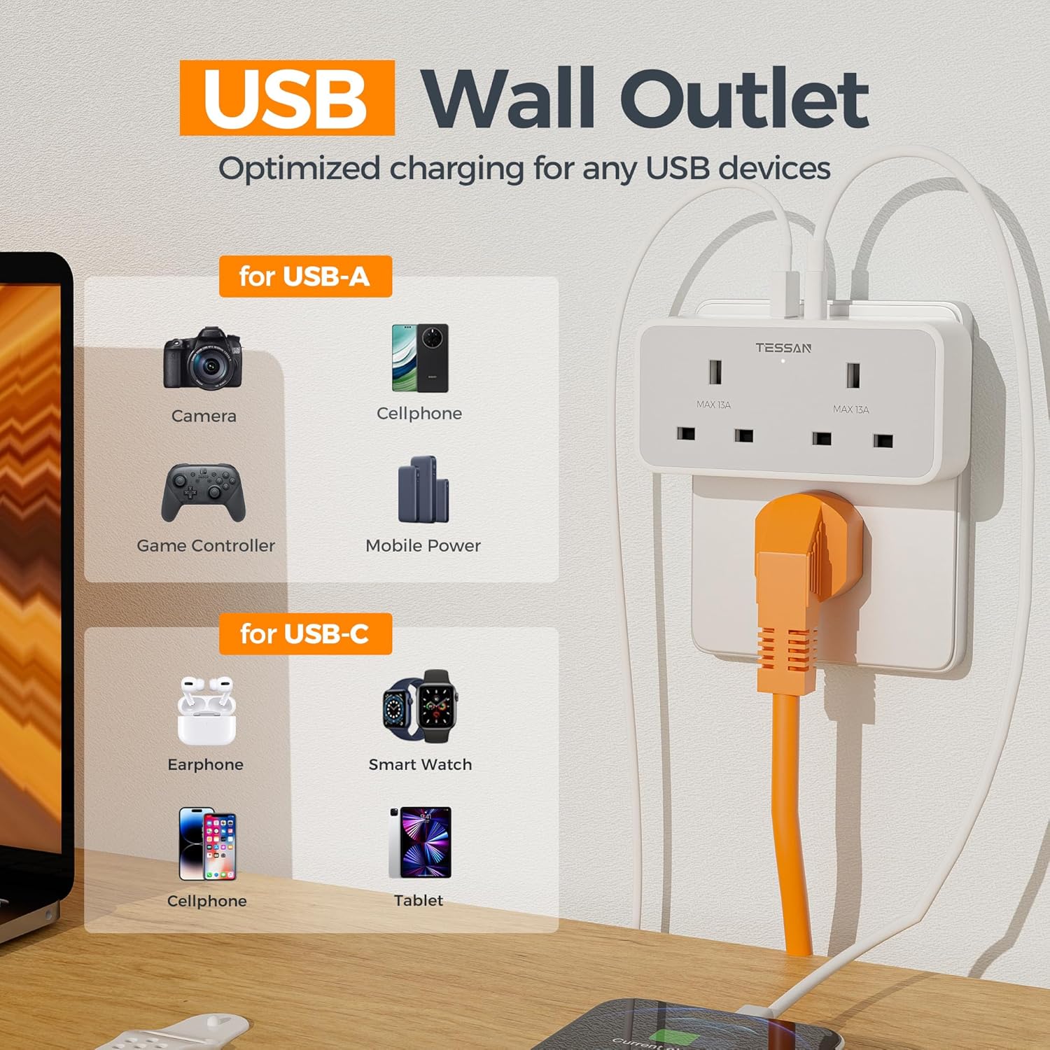 TESSAN Double Plug Adapter UK with 2 USB