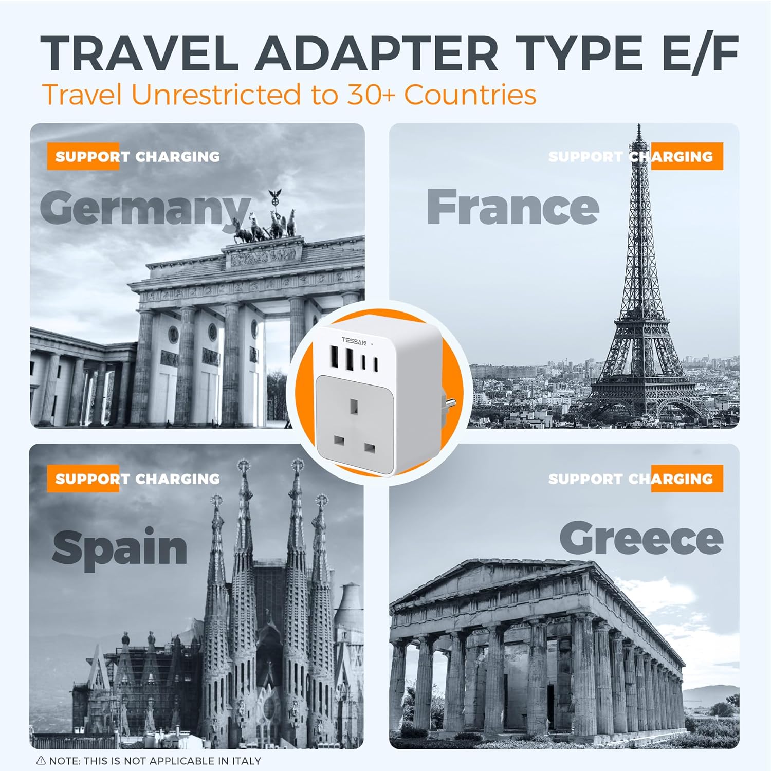 TESSAN UK to European Plug Adapter with USB Ports