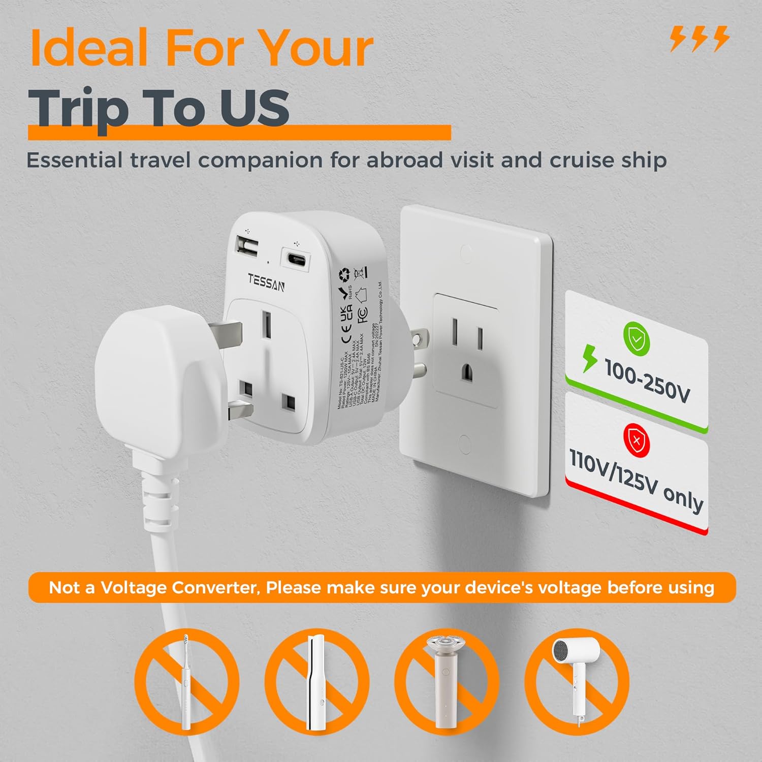 TESSAN 3-in-1 UK to US Adapter with USB