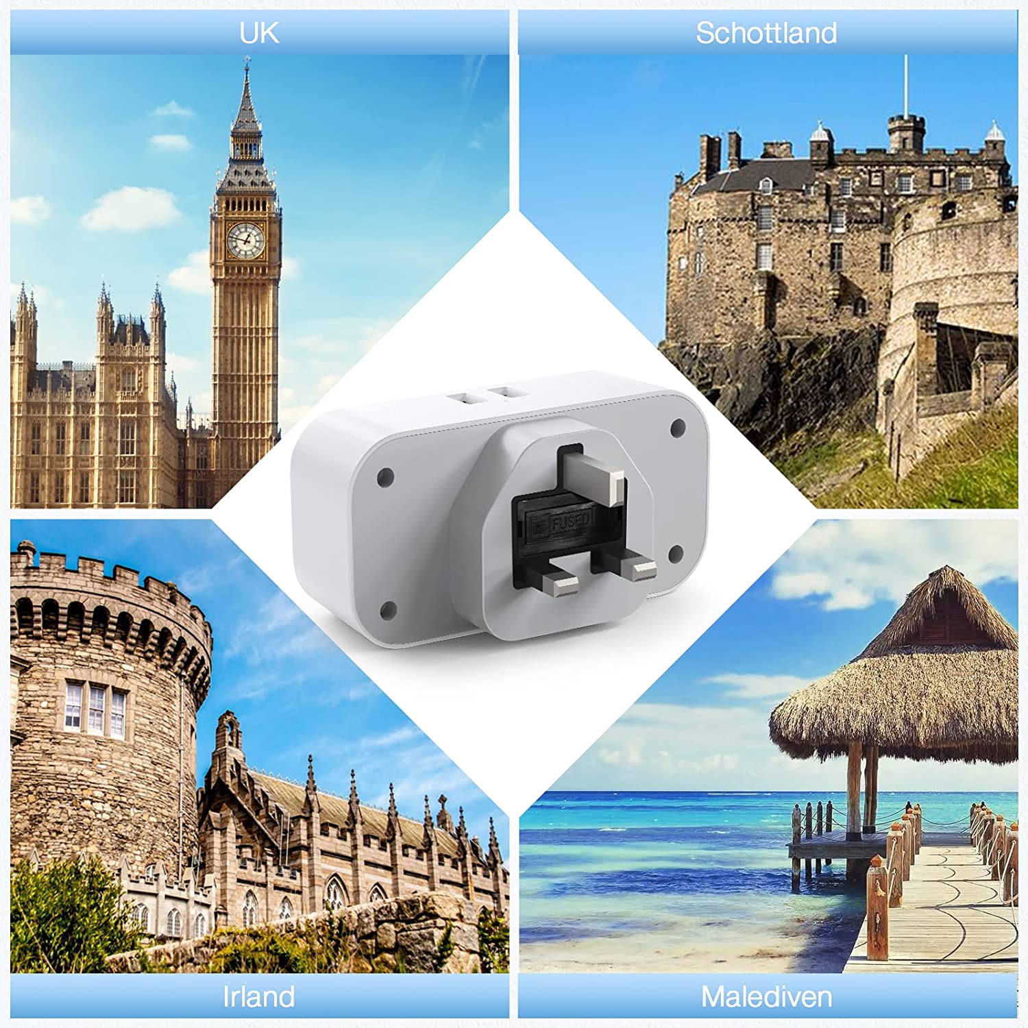 EU to UK Plug Adapter with 2 Outlets 2 USB Ports