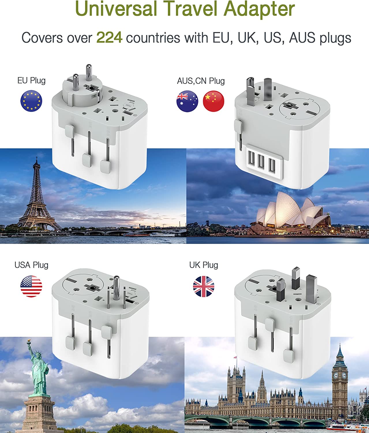 Universal Travel Adapter with 3 USB