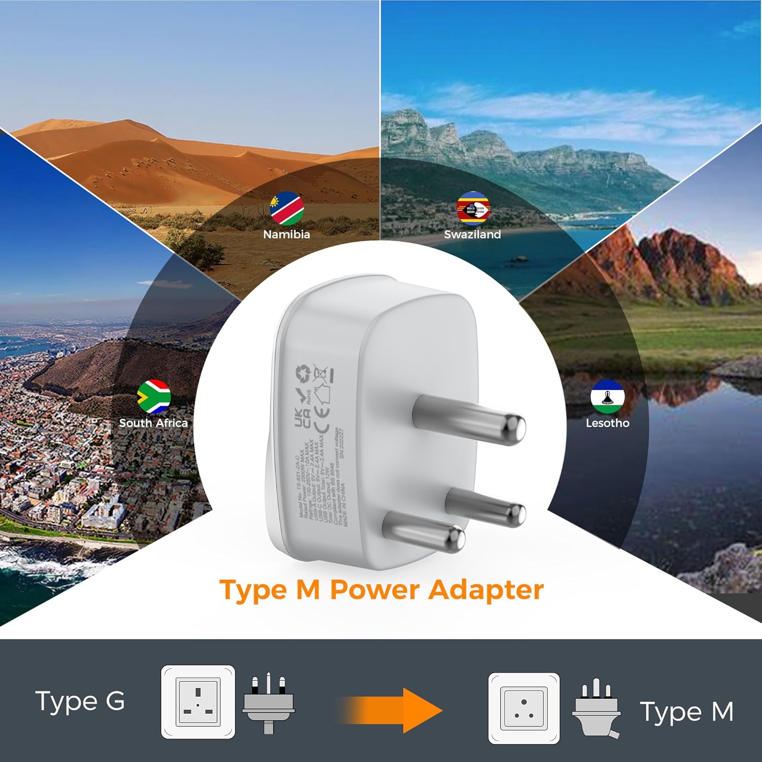 TESSAN UK to South Africa USB Adapter 2-Pack
