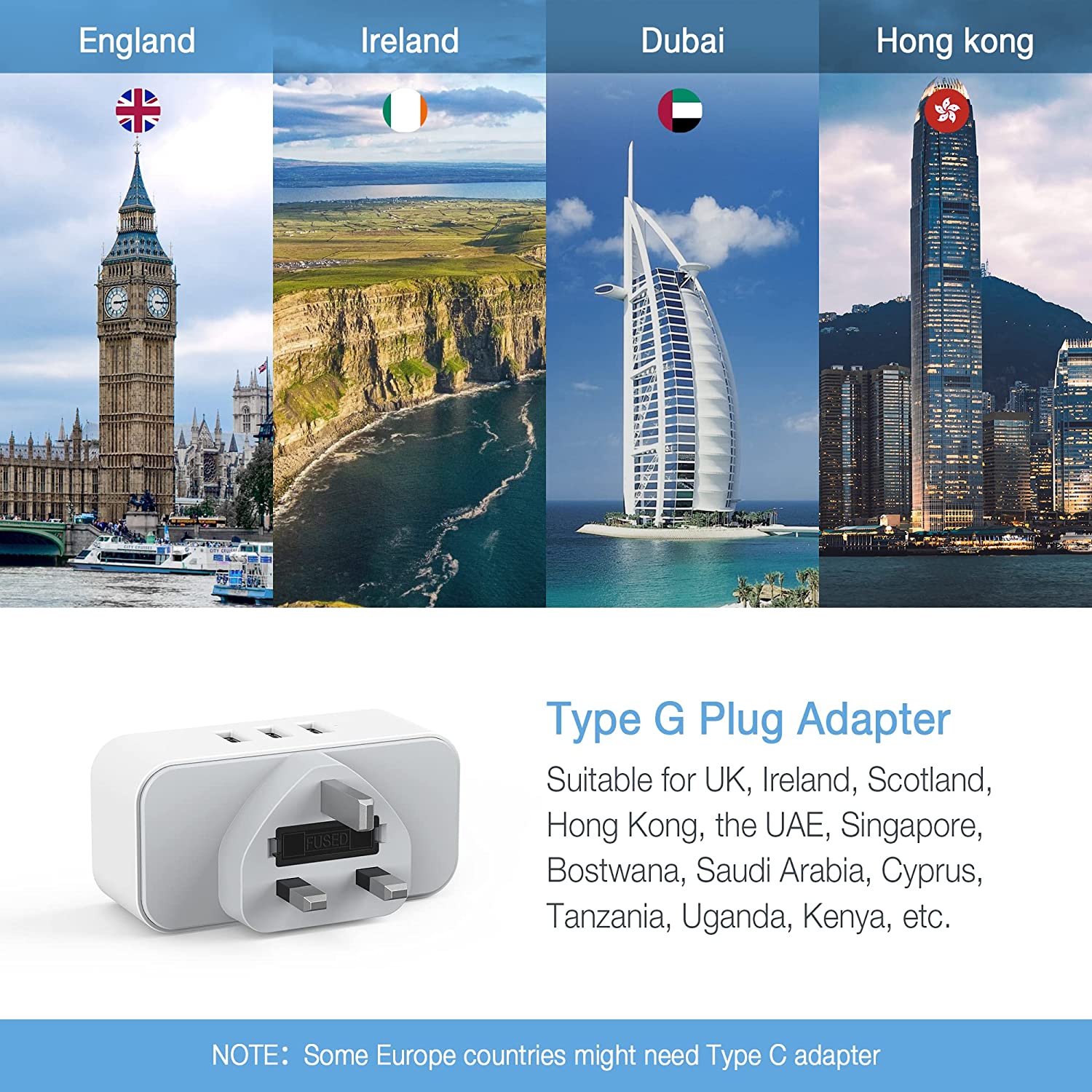 US to UK Plug Adapter 2 AC outlets 3 USB ports