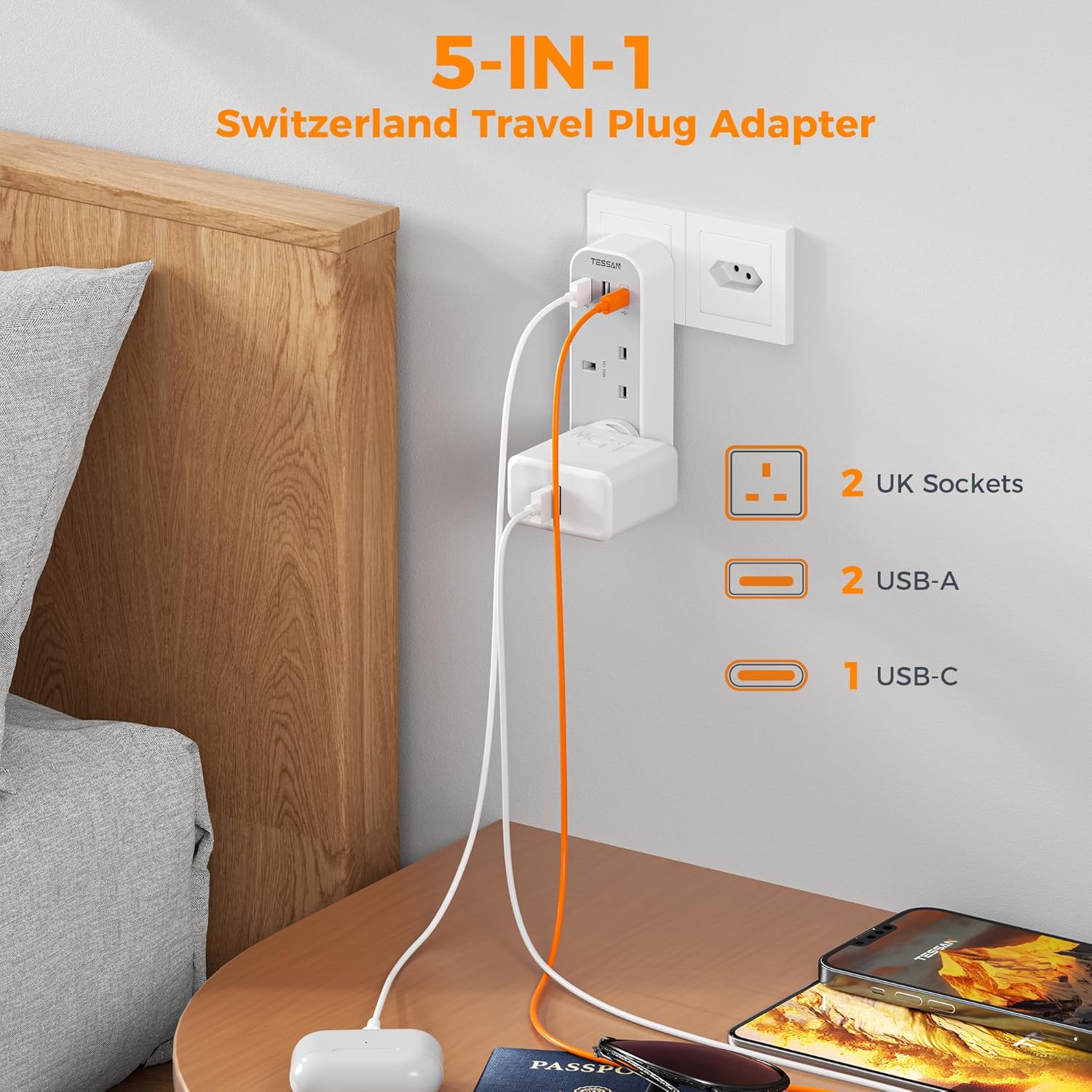 TESSAN 5-in-1 UK to Switzerland Adapter with USB-C