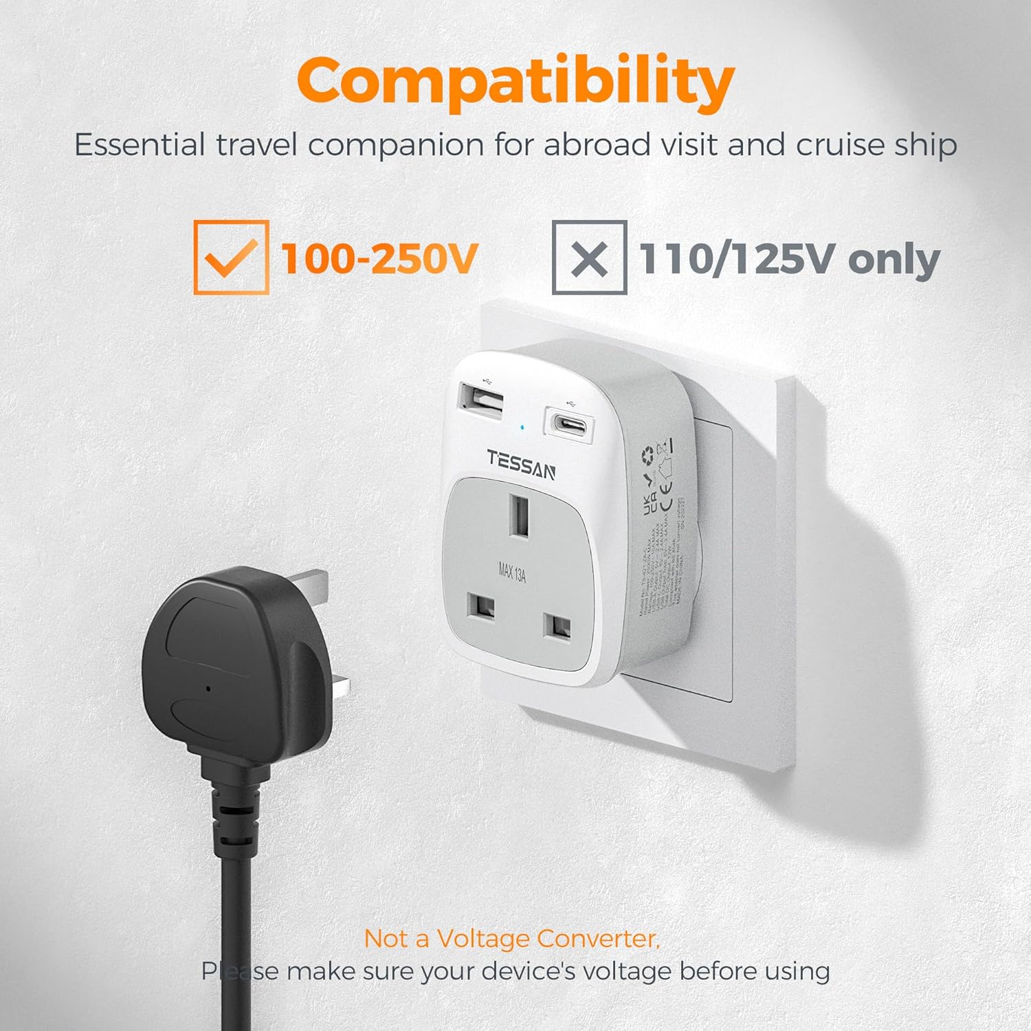 TESSAN UK to South Africa USB Adapter 2-Pack