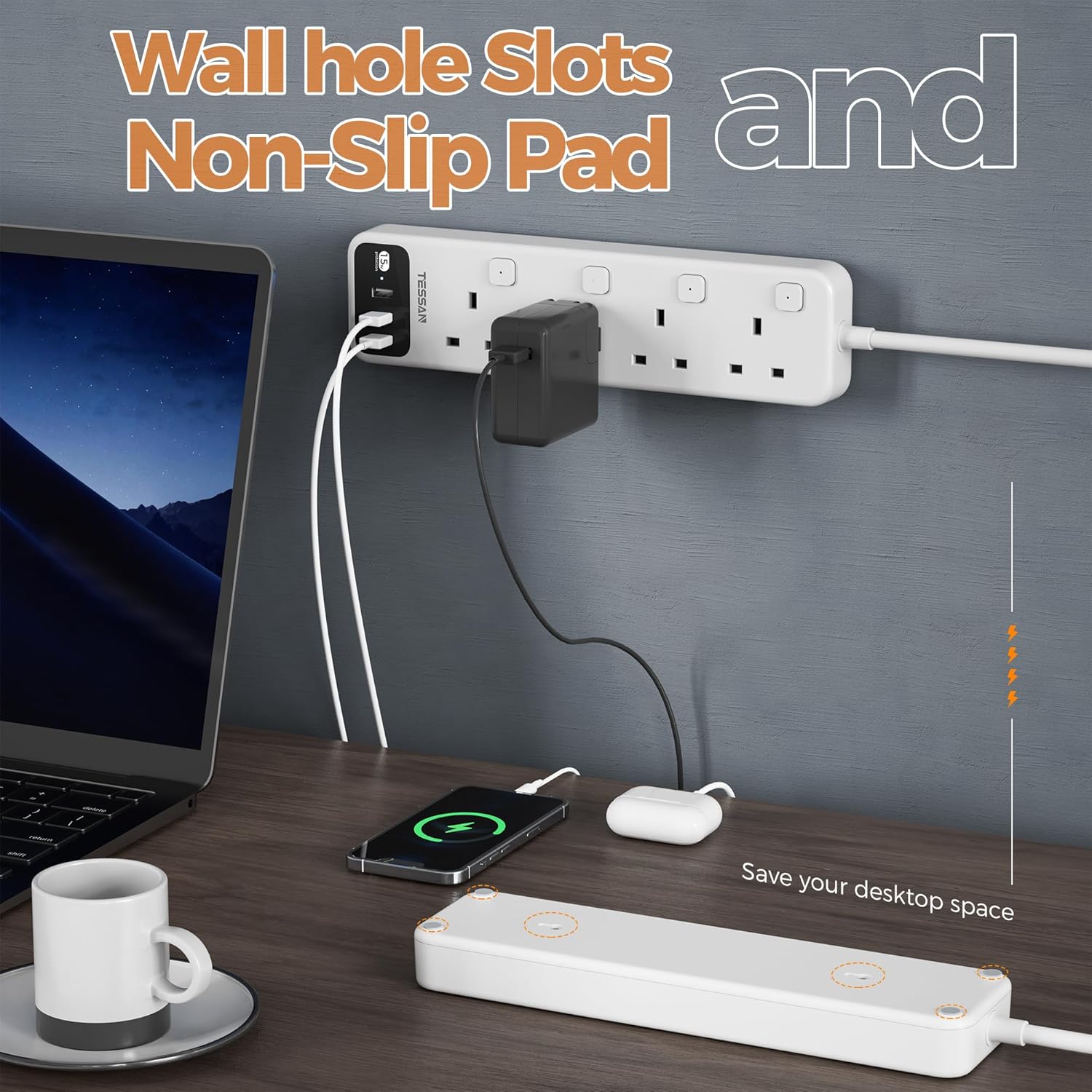 TESSAN 4 Way Multi Plug Extender with 3 USB Slots