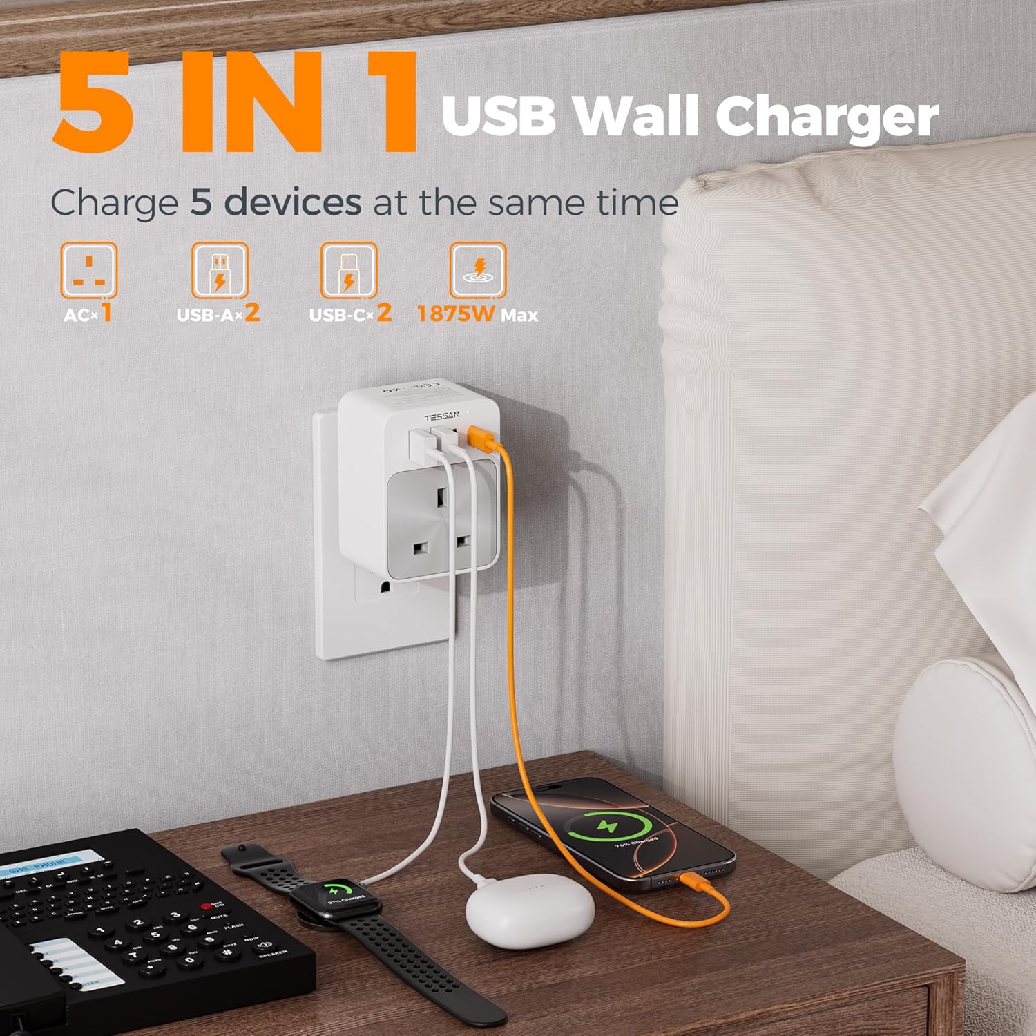 TESSAN Foldable 20W Fast Charging UK to US Adapter