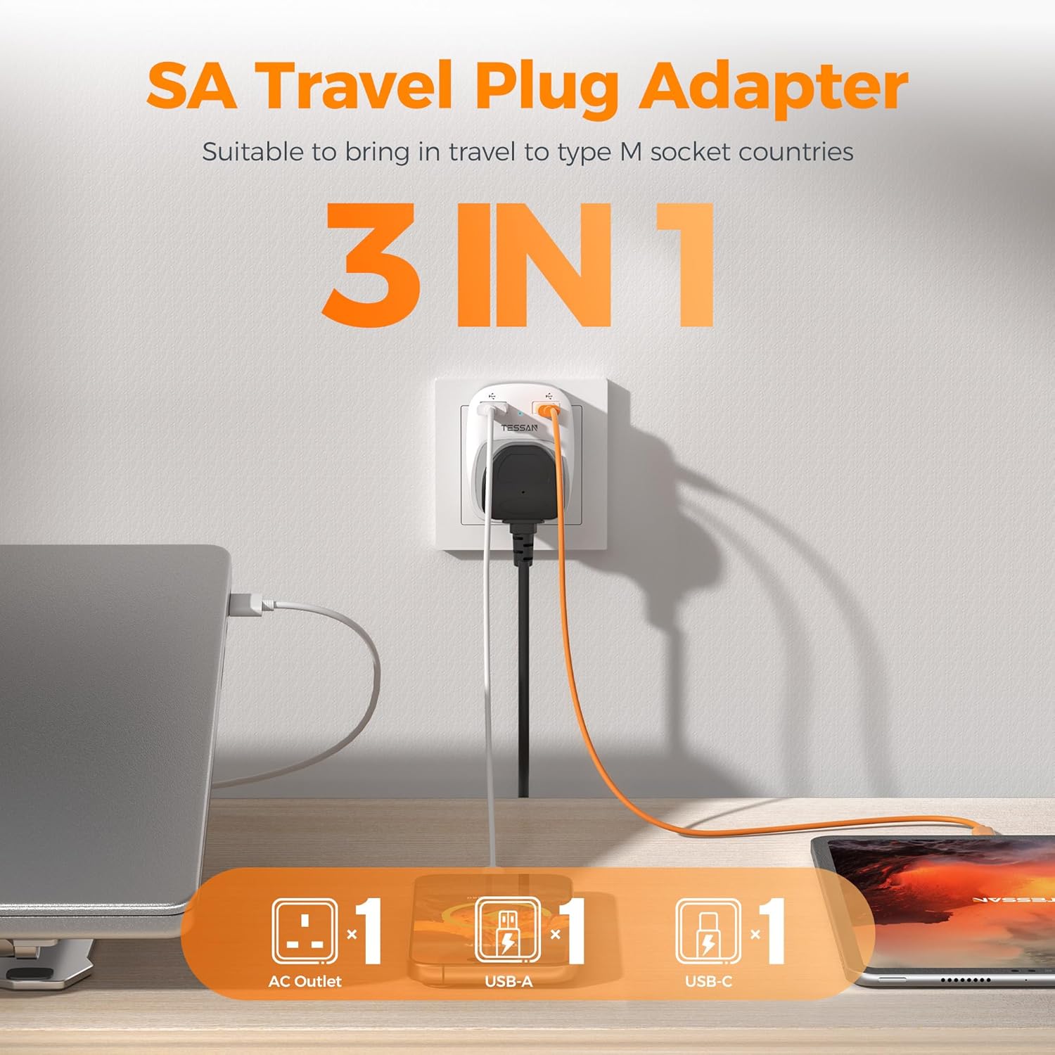 TESSAN UK to South Africa USB Adapter 2-Pack
