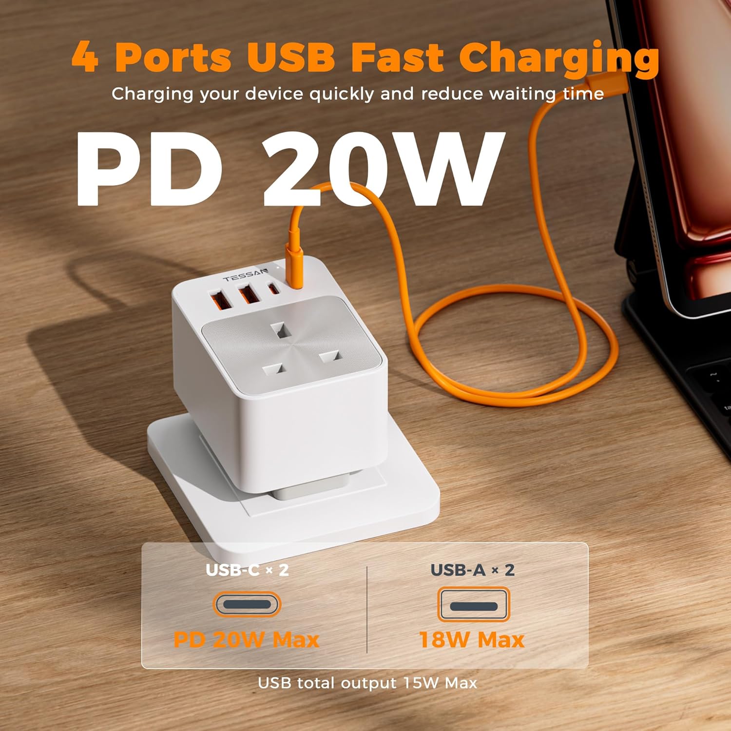 TESSAN Foldable 20W Fast Charging UK to US Adapter