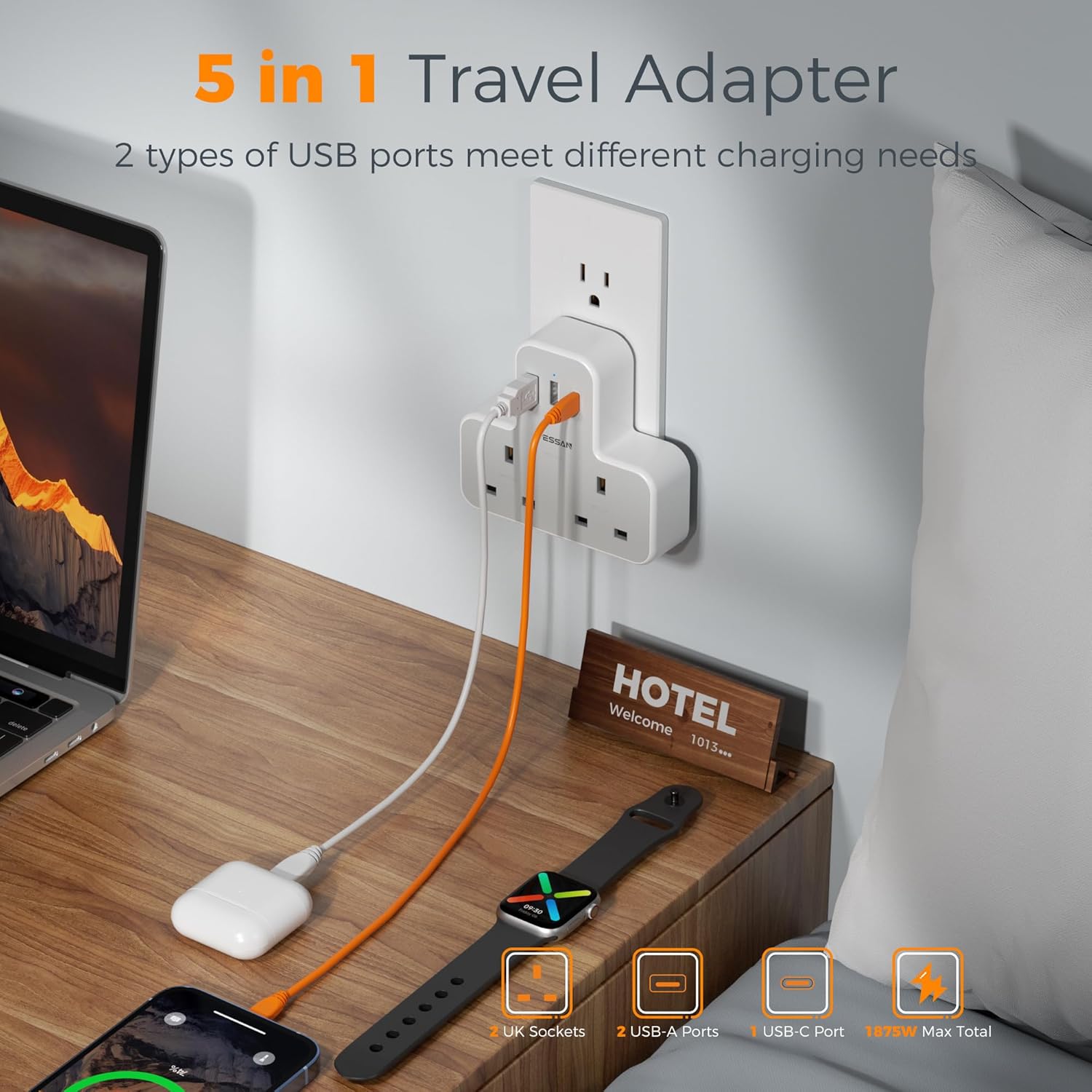 TESSAN 5-in-1 UK to US Adapter with USB-C