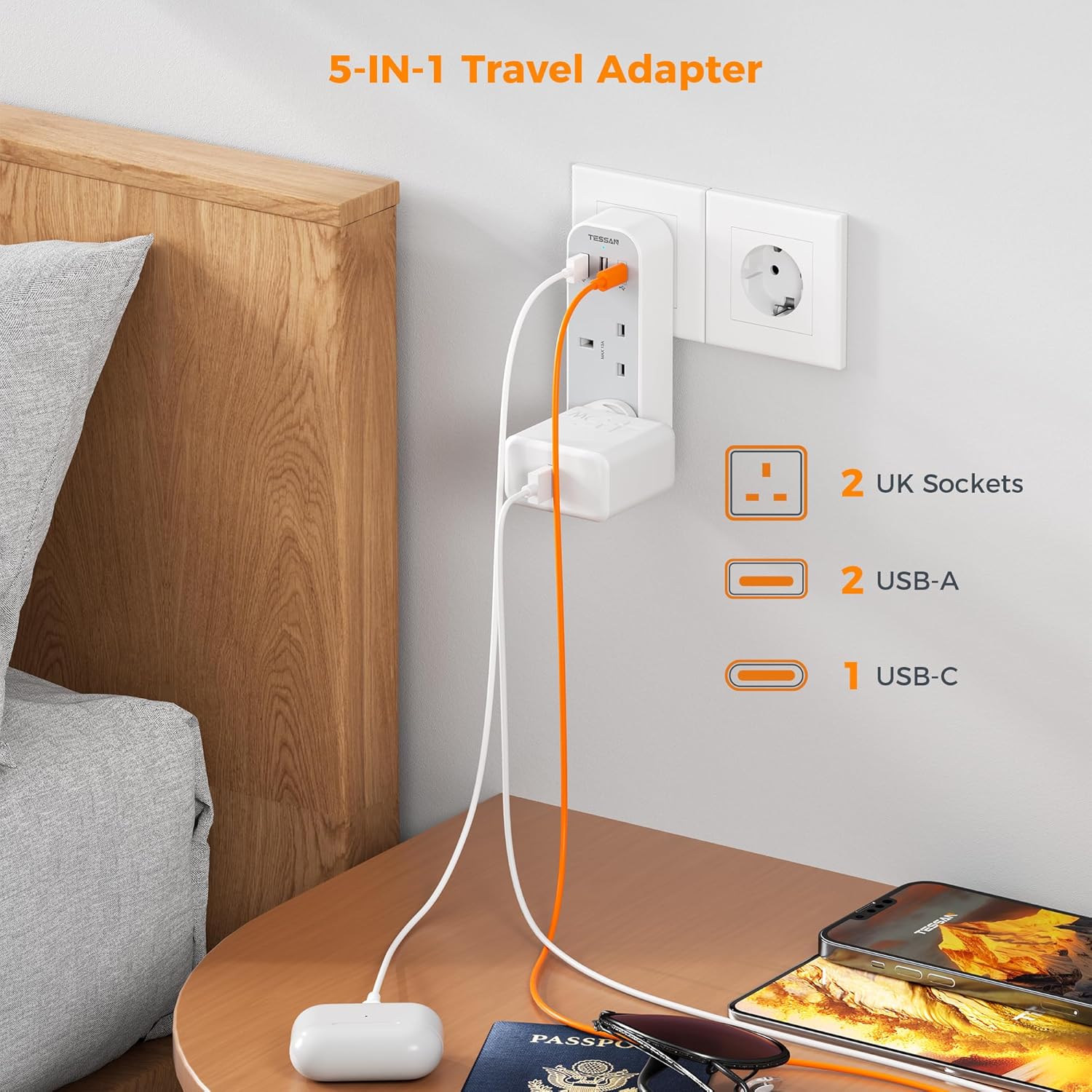 TESSAN 5-in-1 Schuko Type E/F Europe Travel Adapter