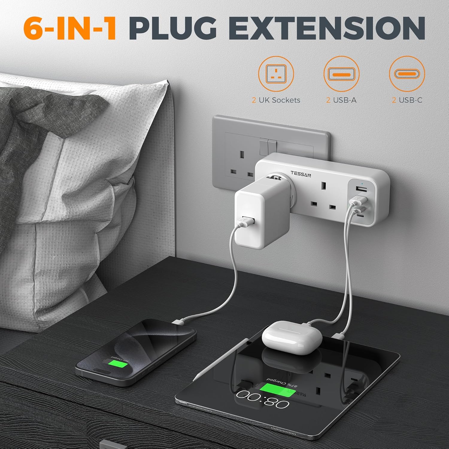 TESSAN UK Multi Plug Extension Adapter with USB