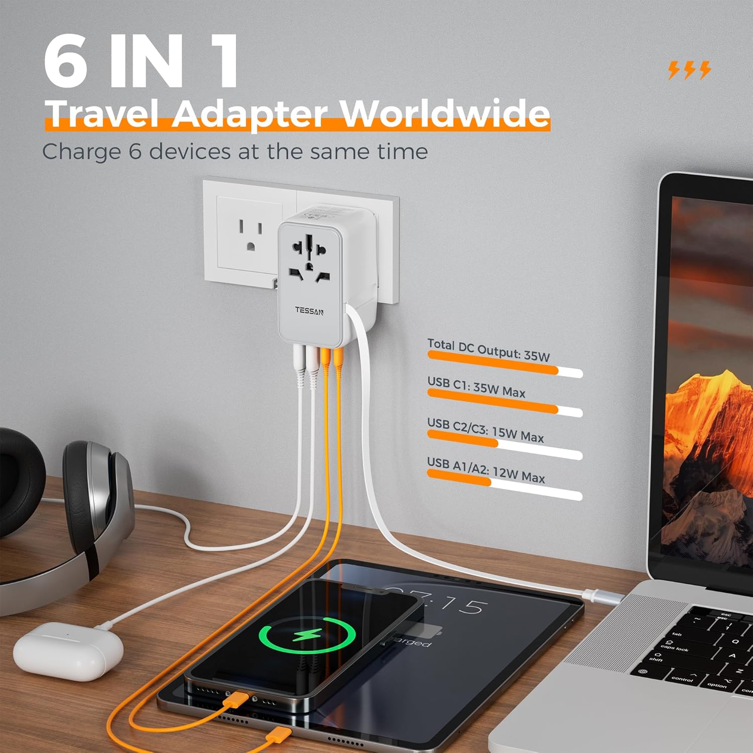 TESSAN 35W Universal Travel Adapter with Built-in Cable