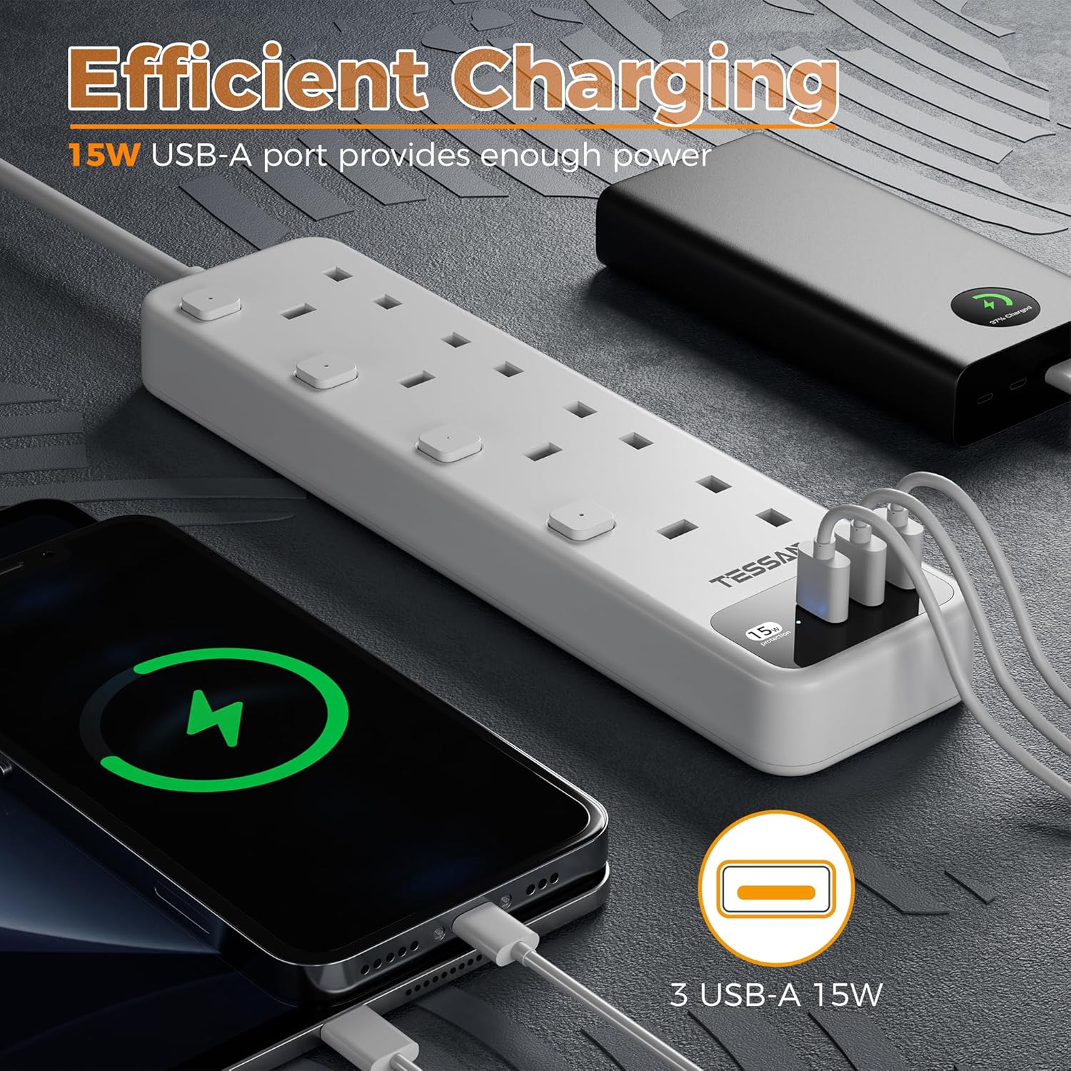 TESSAN 4 Way Multi Plug Extender with 3 USB Slots