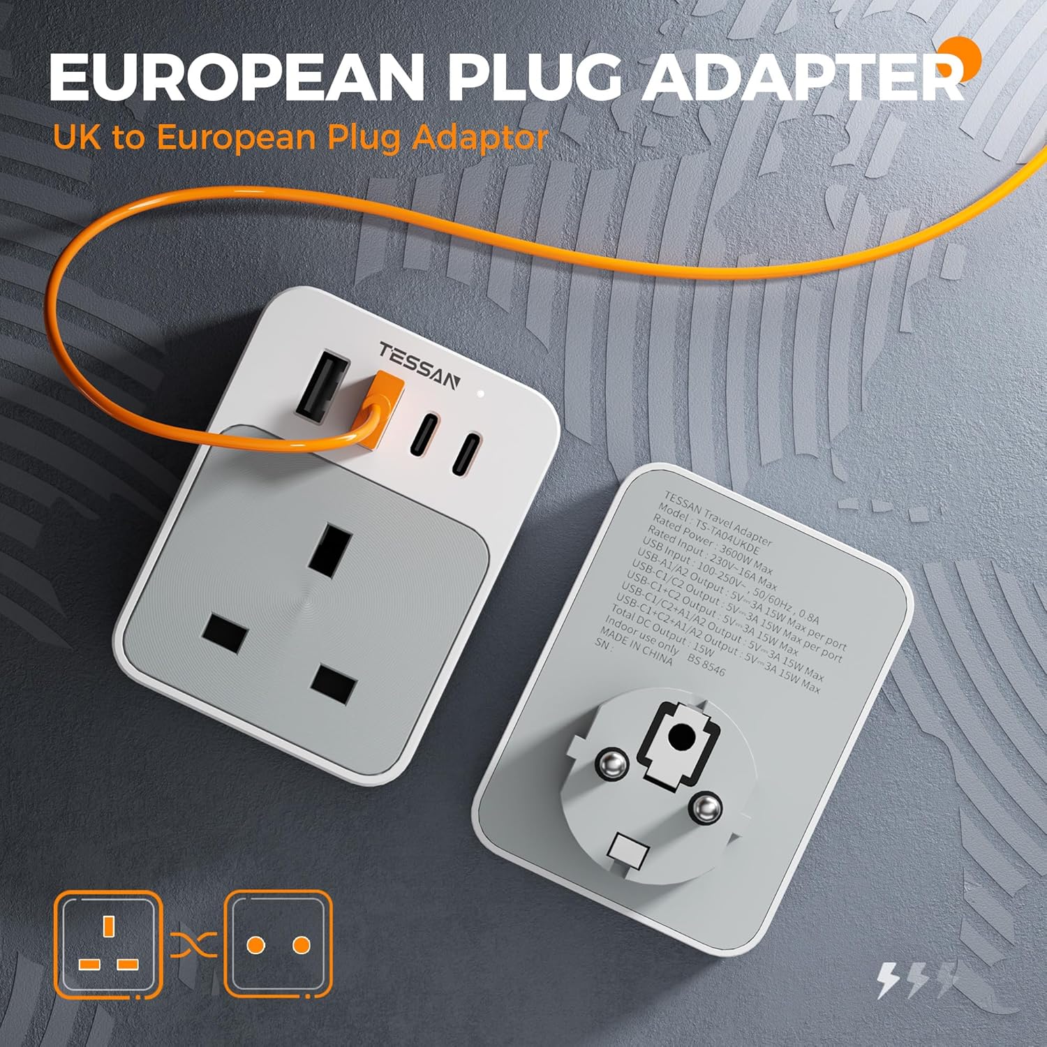 TESSAN UK to European Plug Adapter with USB Ports