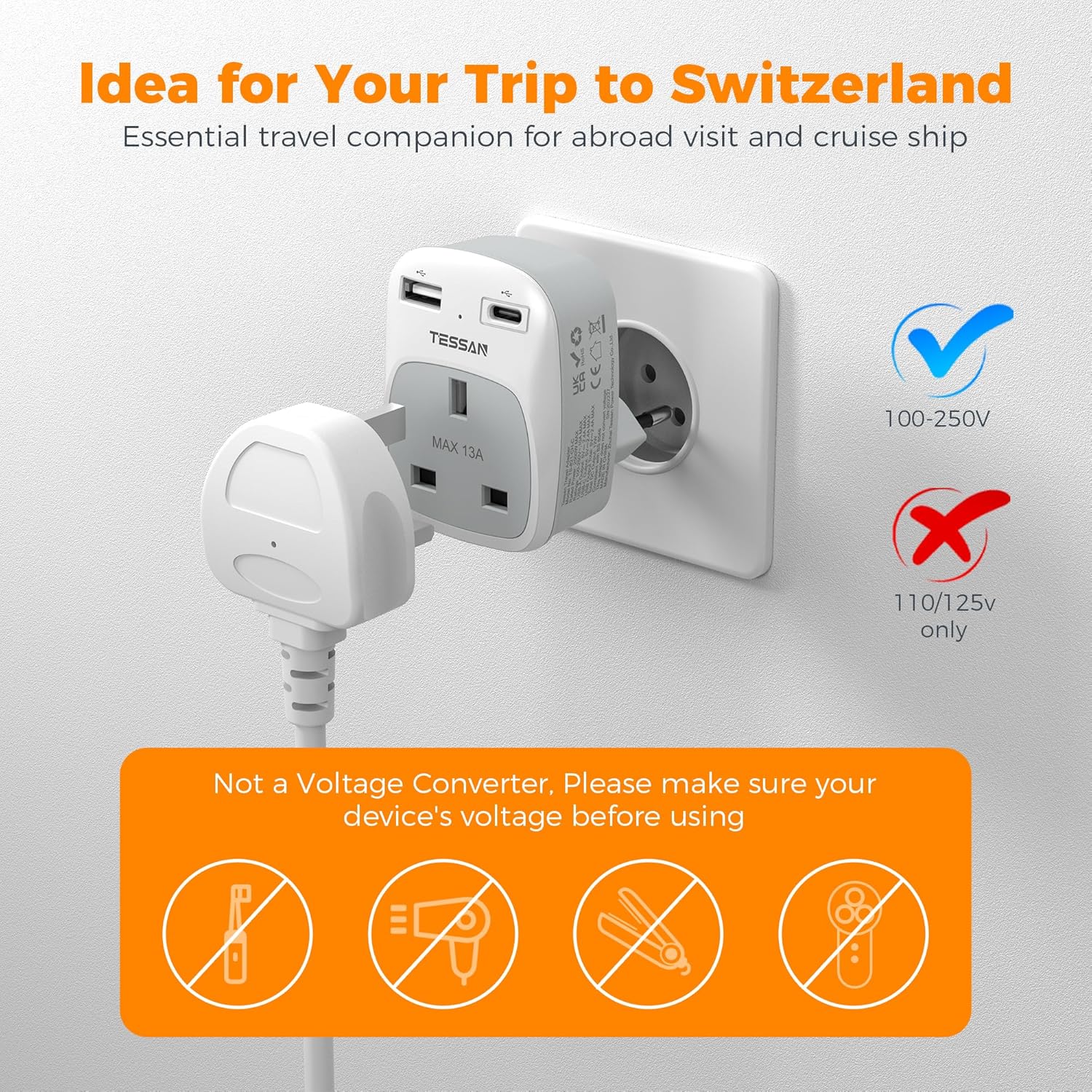 TESSAN 3-in-1 UK to Switzerland Adapter with USB-C
