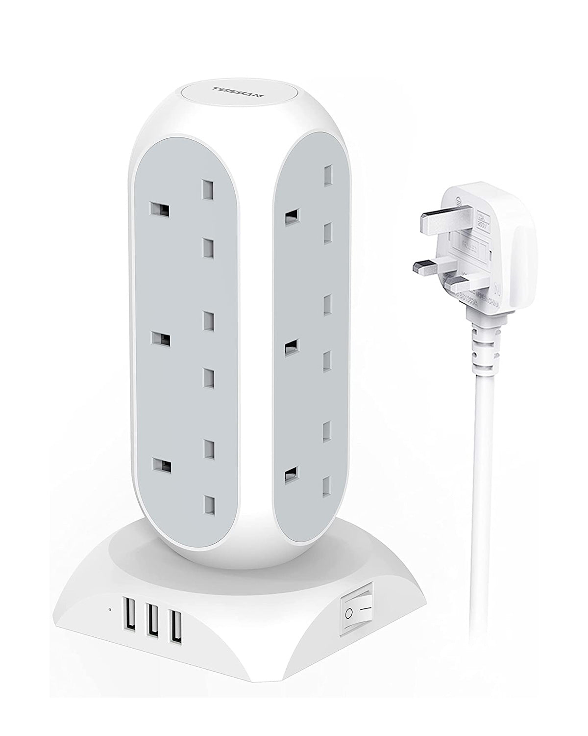 Tower Plug Extension12 Way Multi Plug Socket 3 USB Ports with 2M Cable