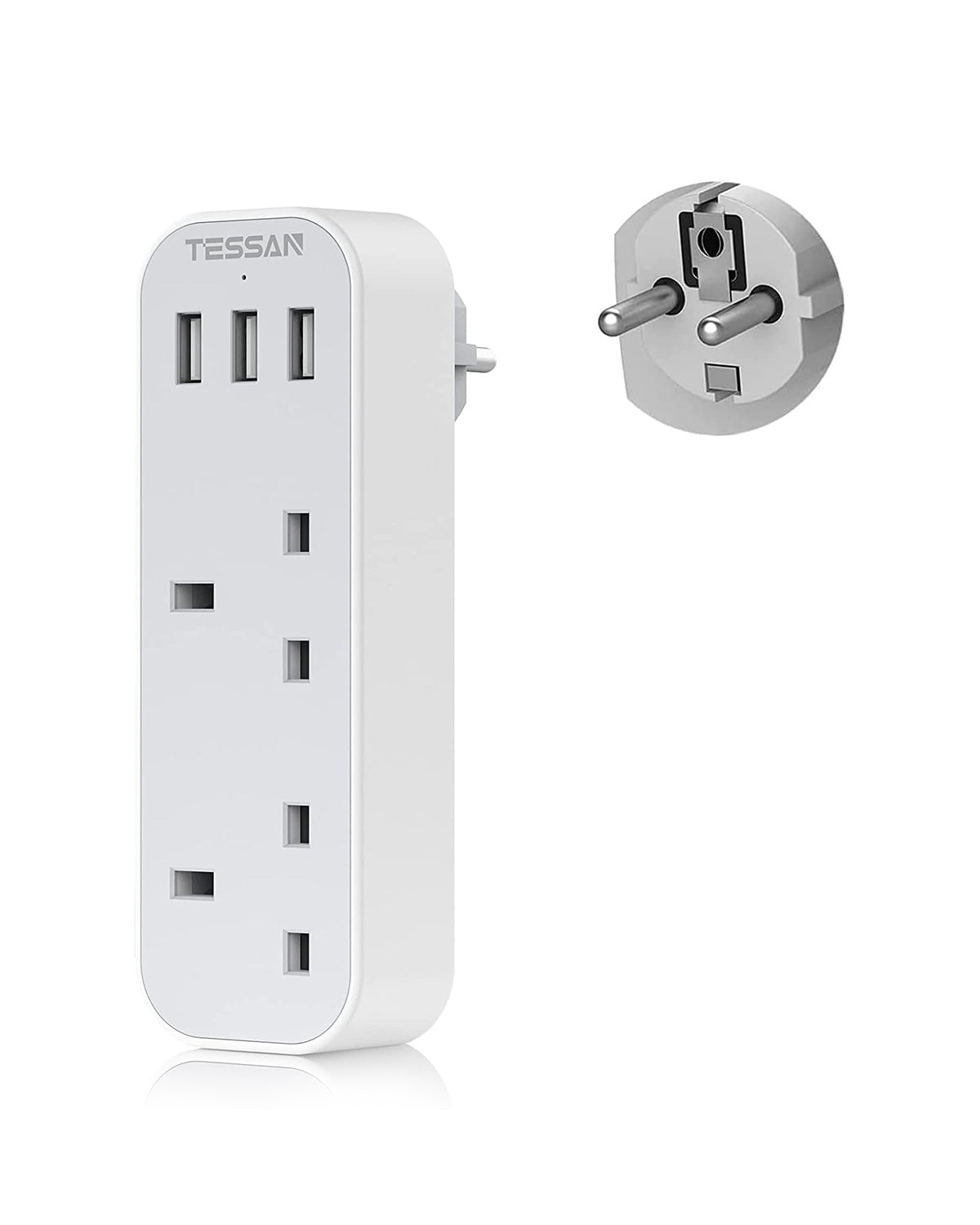 UK to European Plug Adapter with 3 USB 2 AC outlets