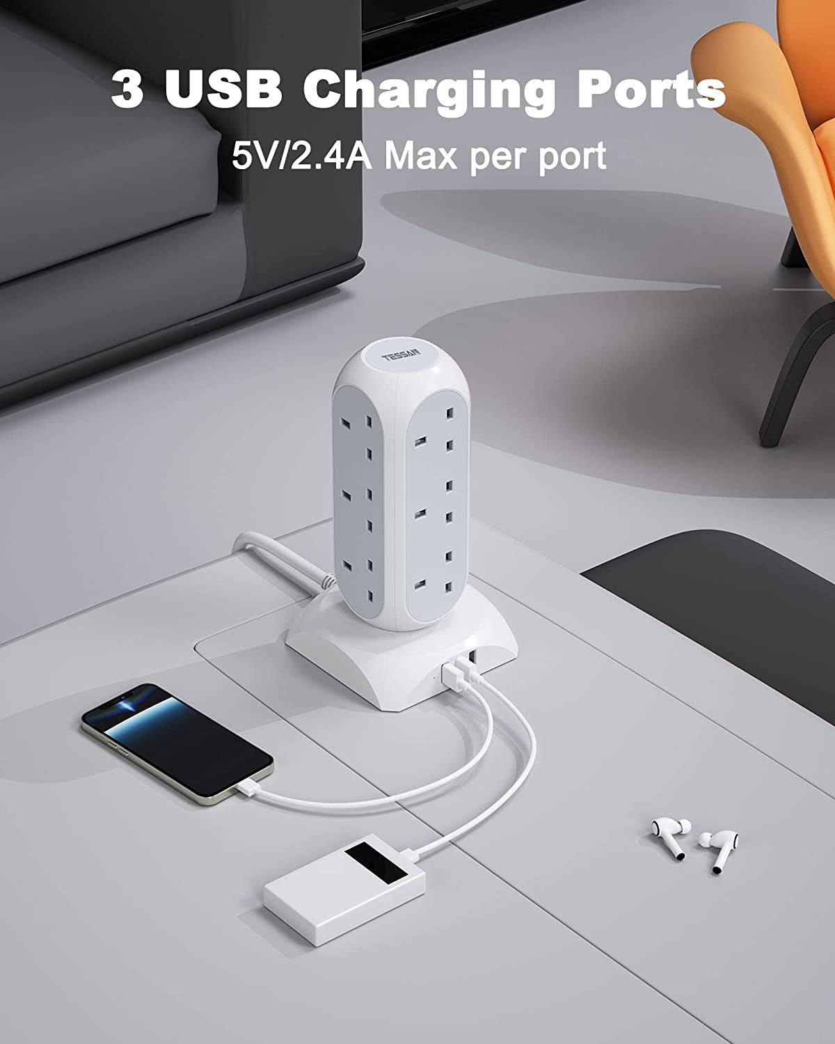 Tower Plug Extension12 Way Multi Plug Socket 3 USB Ports with 2M Cable
