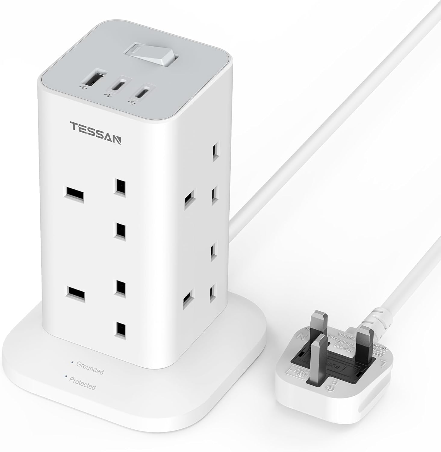 TESSAN 8 Way Tower Extension Lead with USB C Slots