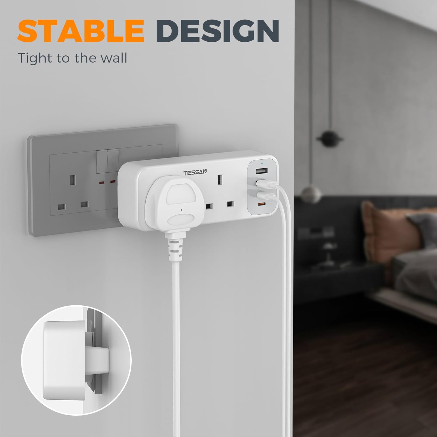 TESSAN UK Multi Plug Extension Adapter with USB