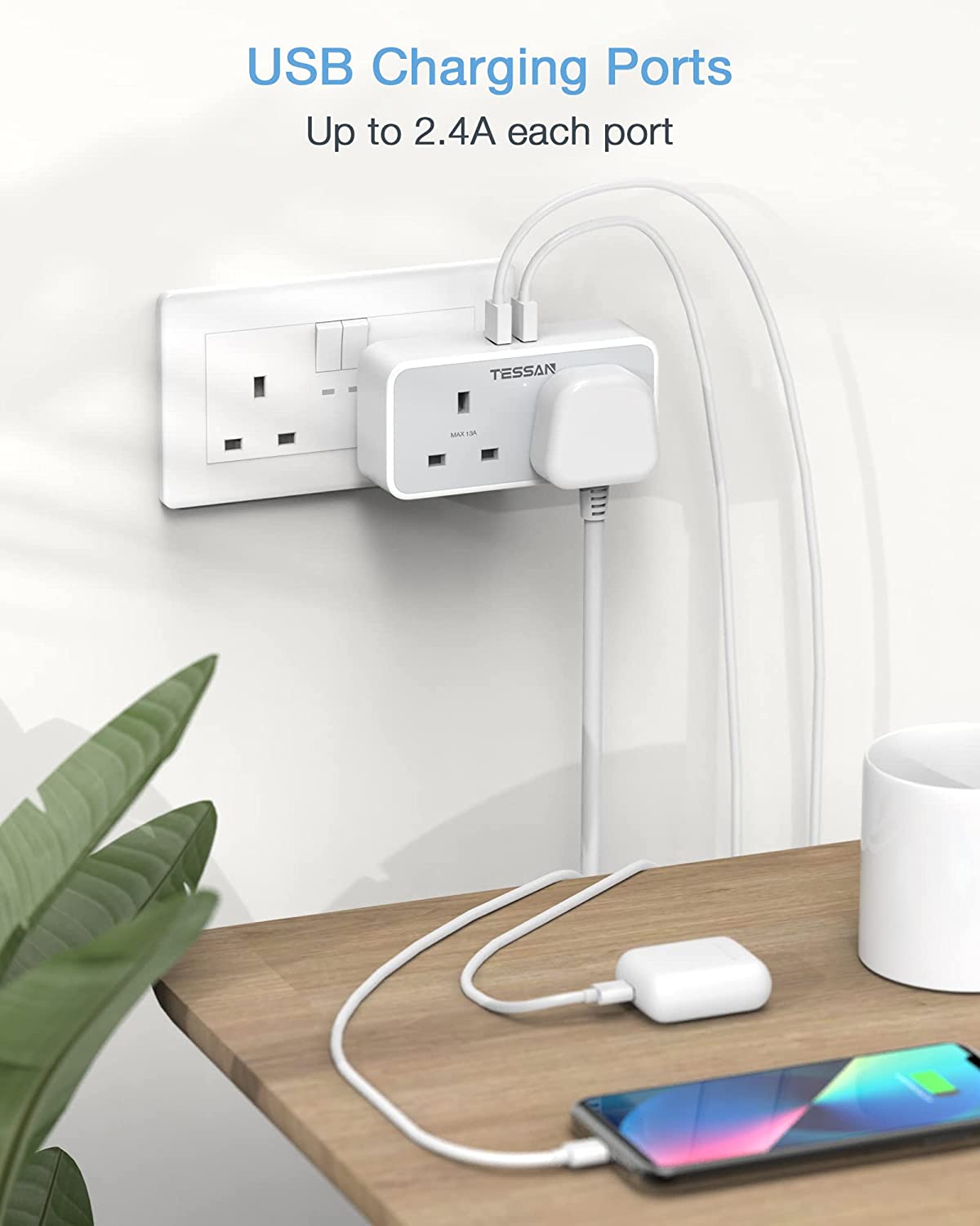 Multi Plugs Extension with 2 AC outlets 2 USB ports