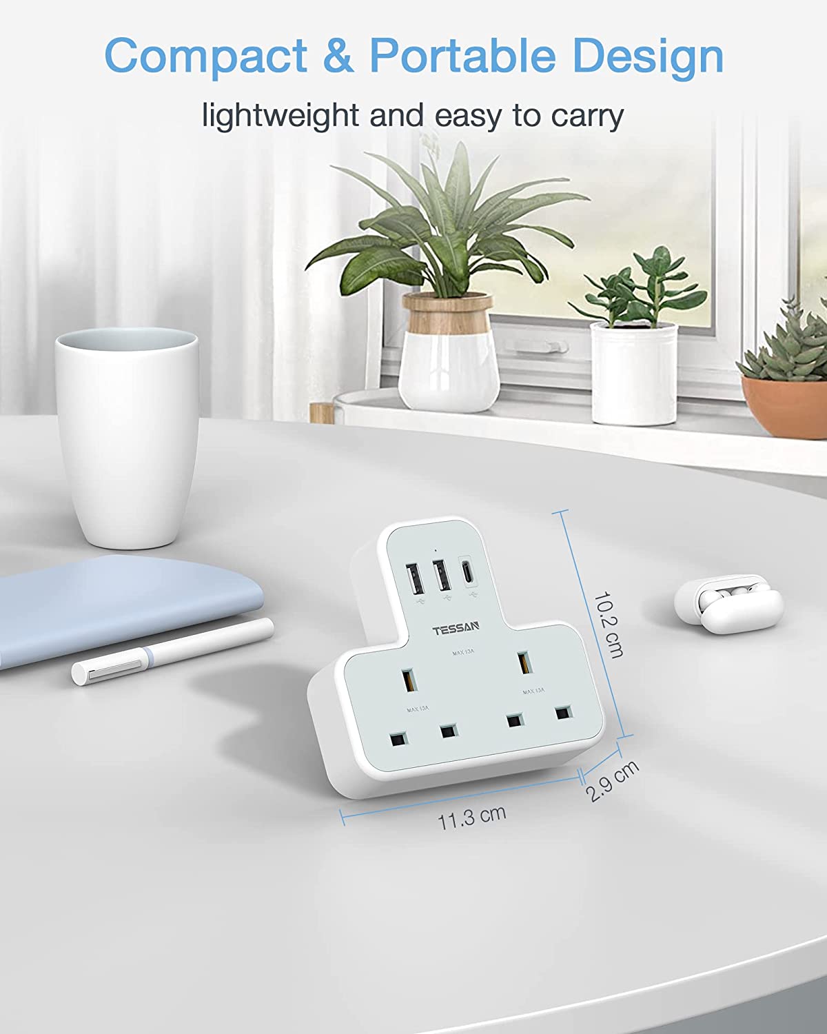 Multi Plug Extension 2 AC sockets 1 USB C plug 2 USB plug