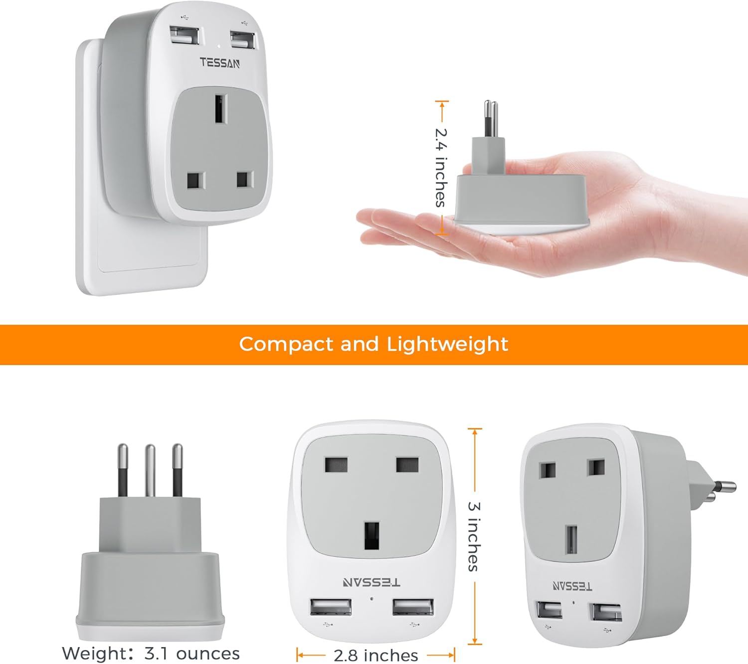 TESSAN UK to Brazilian Power Adaptor Dual USB