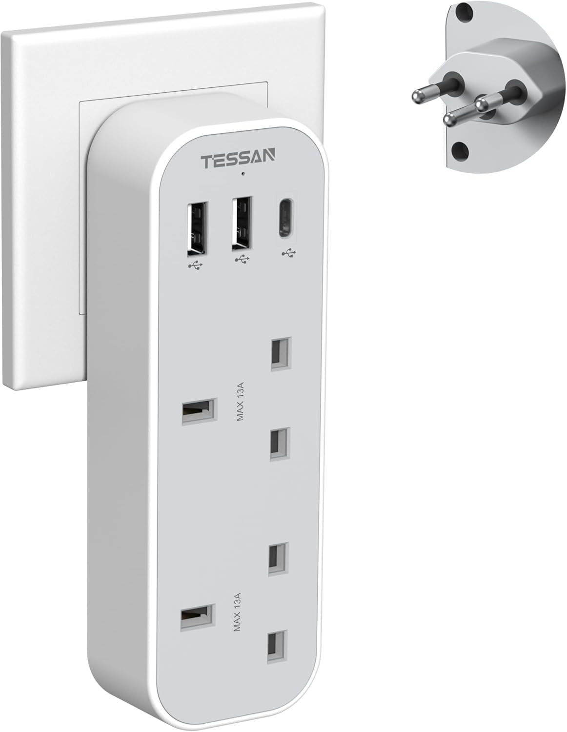 TESSAN 5-in-1 UK to Switzerland Adapter with USB-C